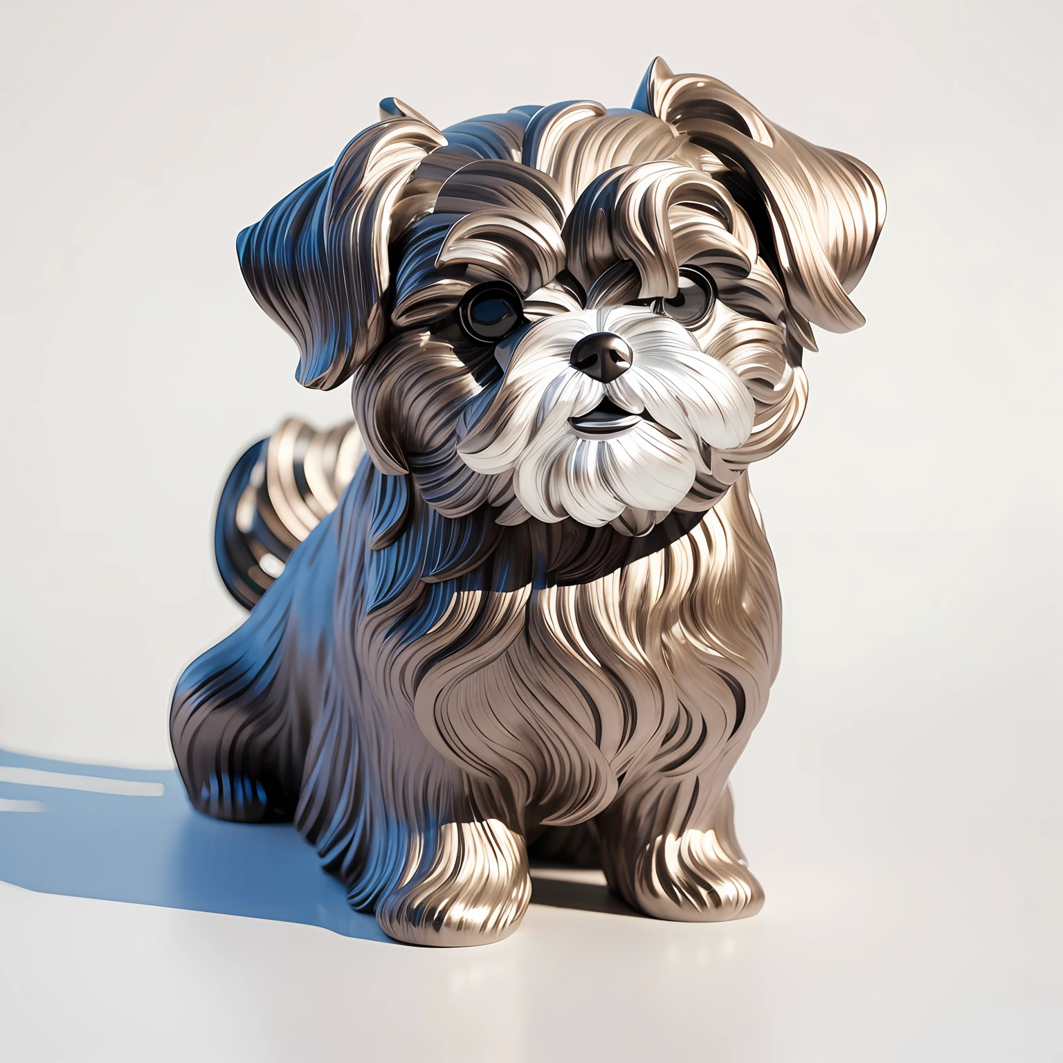 There is a magestuous silver sculpture of a Shih Tzu big eyes, feito de metal branco brilhante, feito de prata brilhante, arte em metal, Shih Tzu , escultura de metal surreal, escultura de metal, escultura de metal, prata, mais alto detalhe, Escultura premiada, nova escultura, made of brushed steel, reflexos de metal realistas, arte cromada