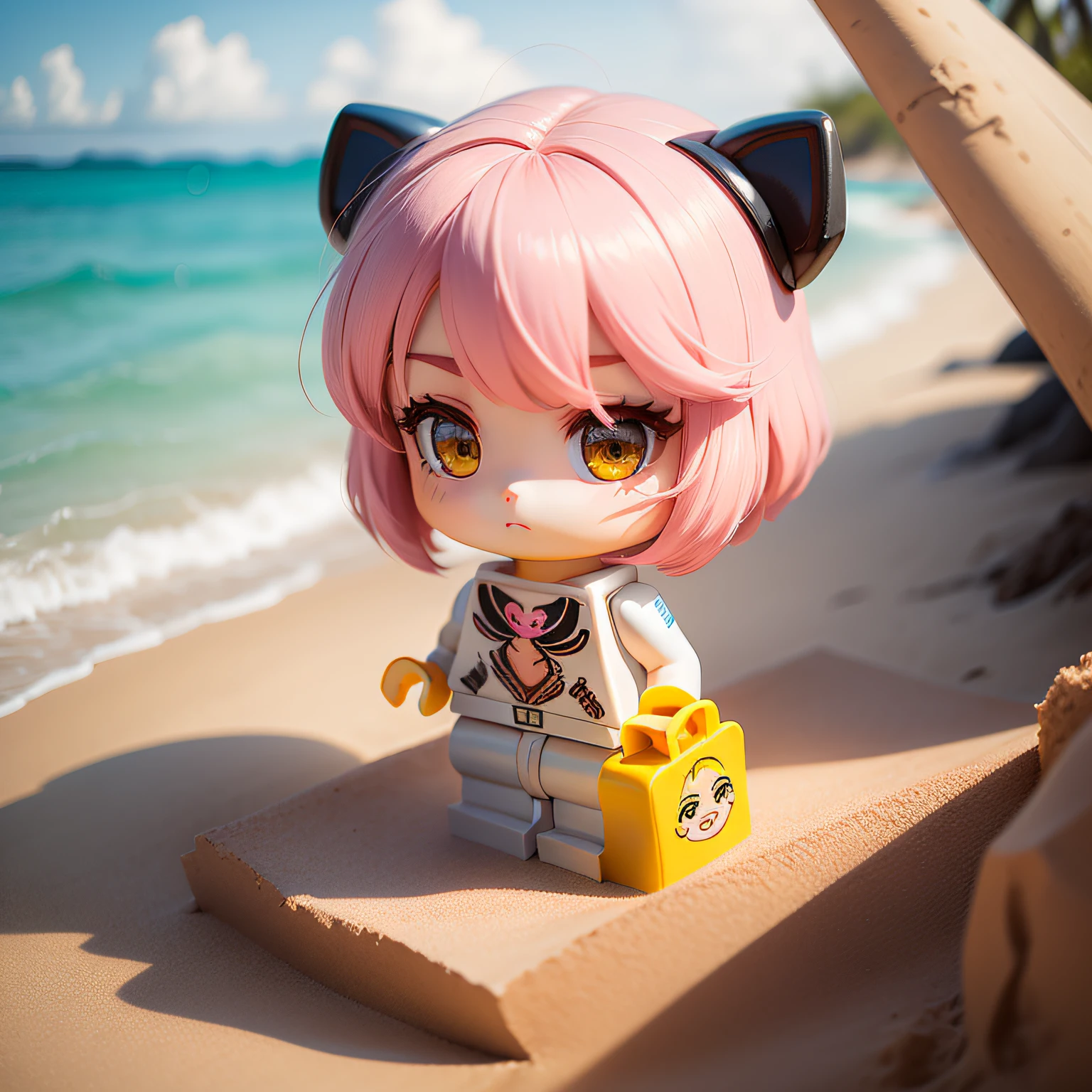 a beauty girl、accuracy、Lego、Chibi、Pink hair、sand beach