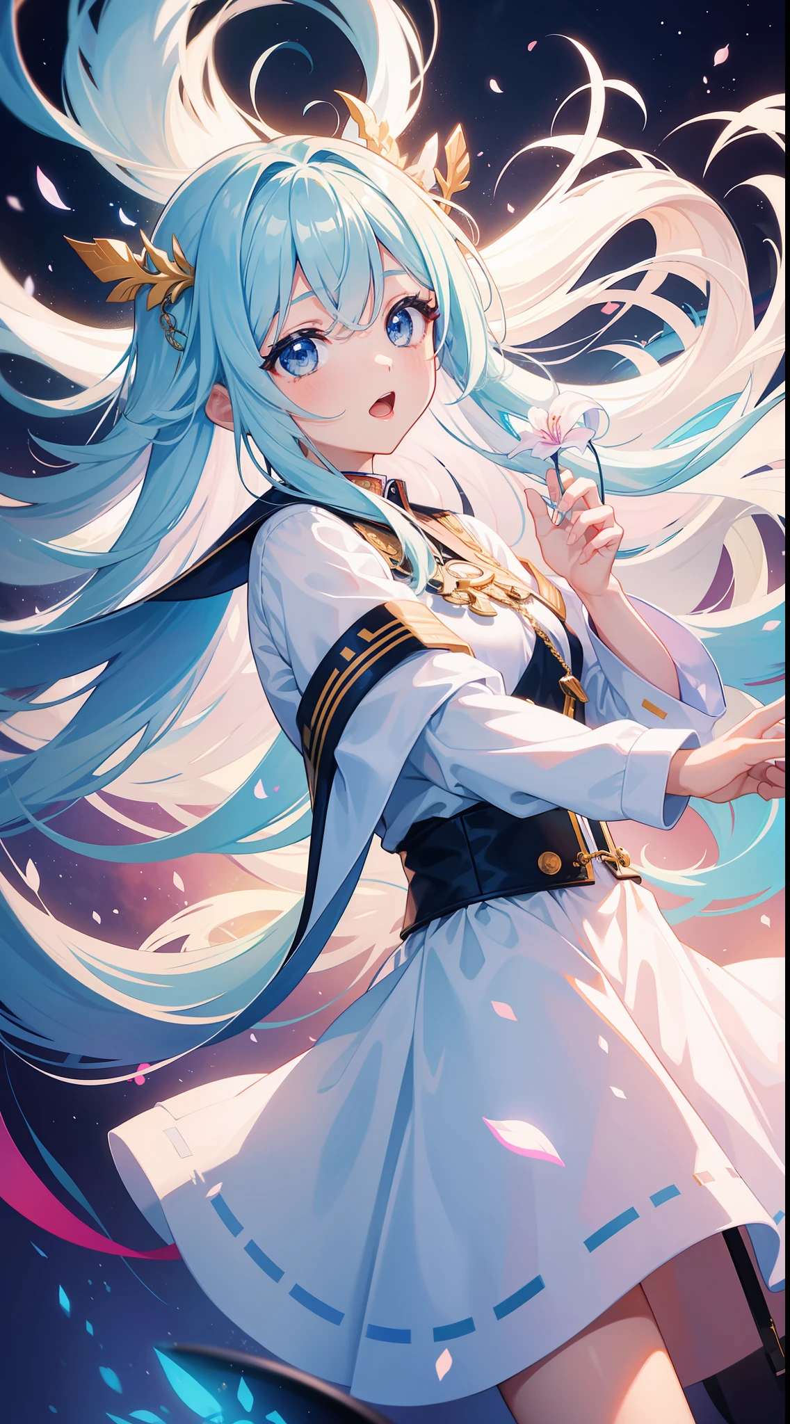 Girl in a dream。I have long colorful hair。Wearing white clothes。It's a rock band。I'm singing a song。Notes flying around。It is an illustration of the highest quality