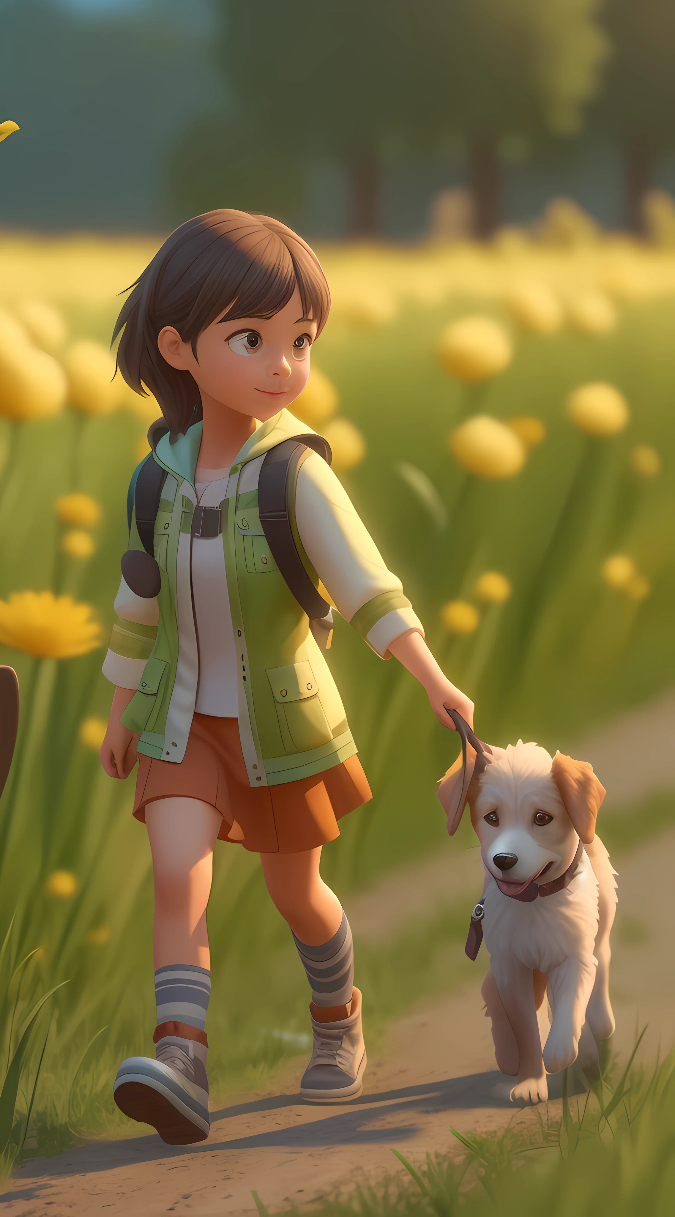 cartoon girl walking with a dog on a trail in a field, small character. unreal engine 5, animation style render, atey ghailan 8 k, childrens art in artstation, adventure hyper realistic render, adorable digital painting, cute 3 d render, cute detailed digital art, female explorer mini cute girl, inspired by Atey Ghailan