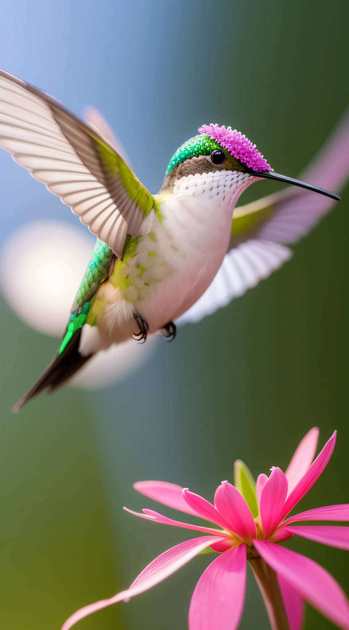 "Hyperrealistic hummingbird, ethereal background, ambiente espiritual, una estrella brillante."