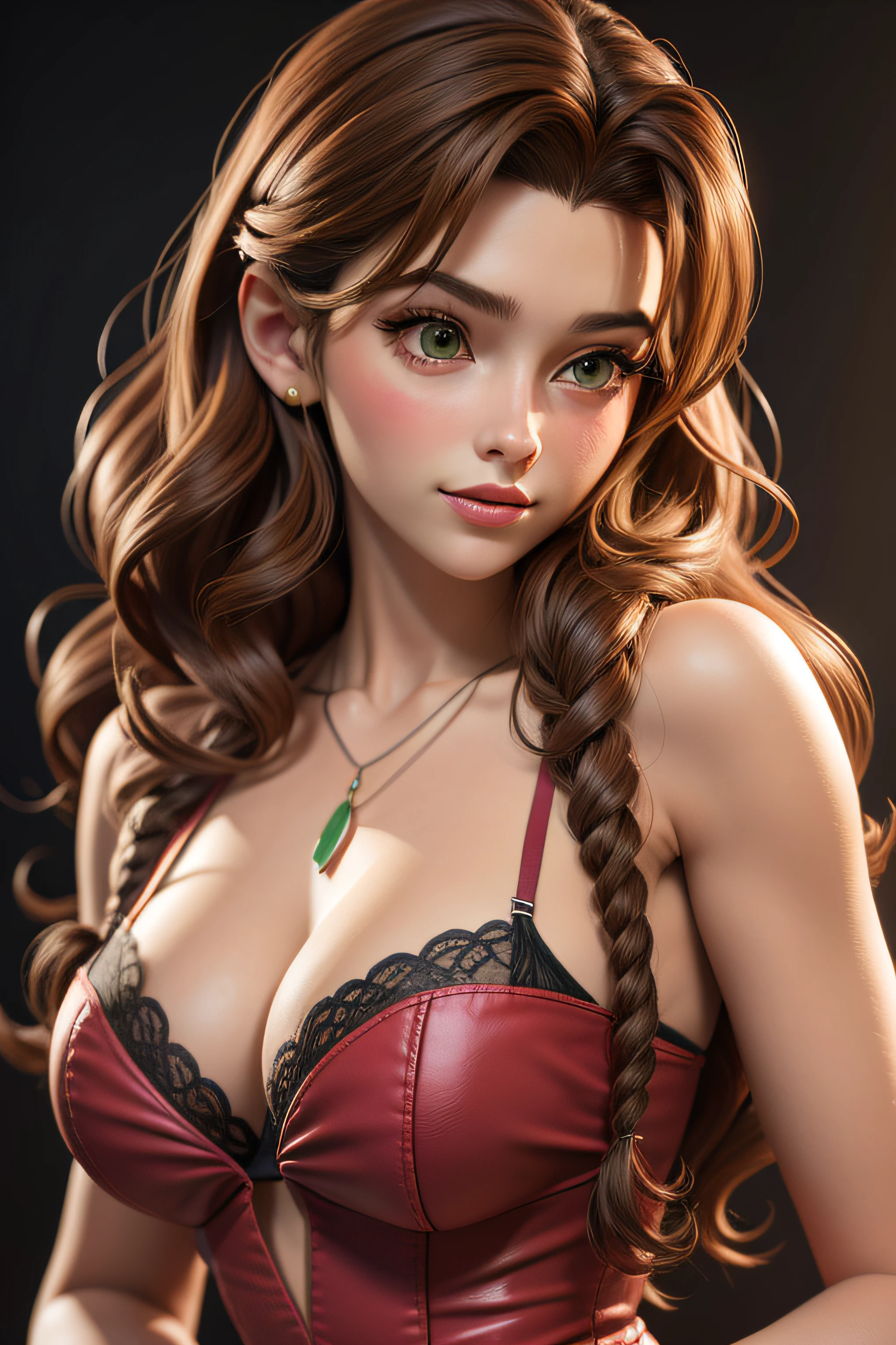 masterpiece, best quality,3d rending work ,3DMM style,close-up,portrait, 3D,1girl, solo, brown hair, string necklace, looking to the side, realistic, upper body, simple background, bangs, looking away, long black hair, parted lips, makeup, long brown curly hair, green eyes, pink lingerie, cleavage, aerith gainsborough, aerith