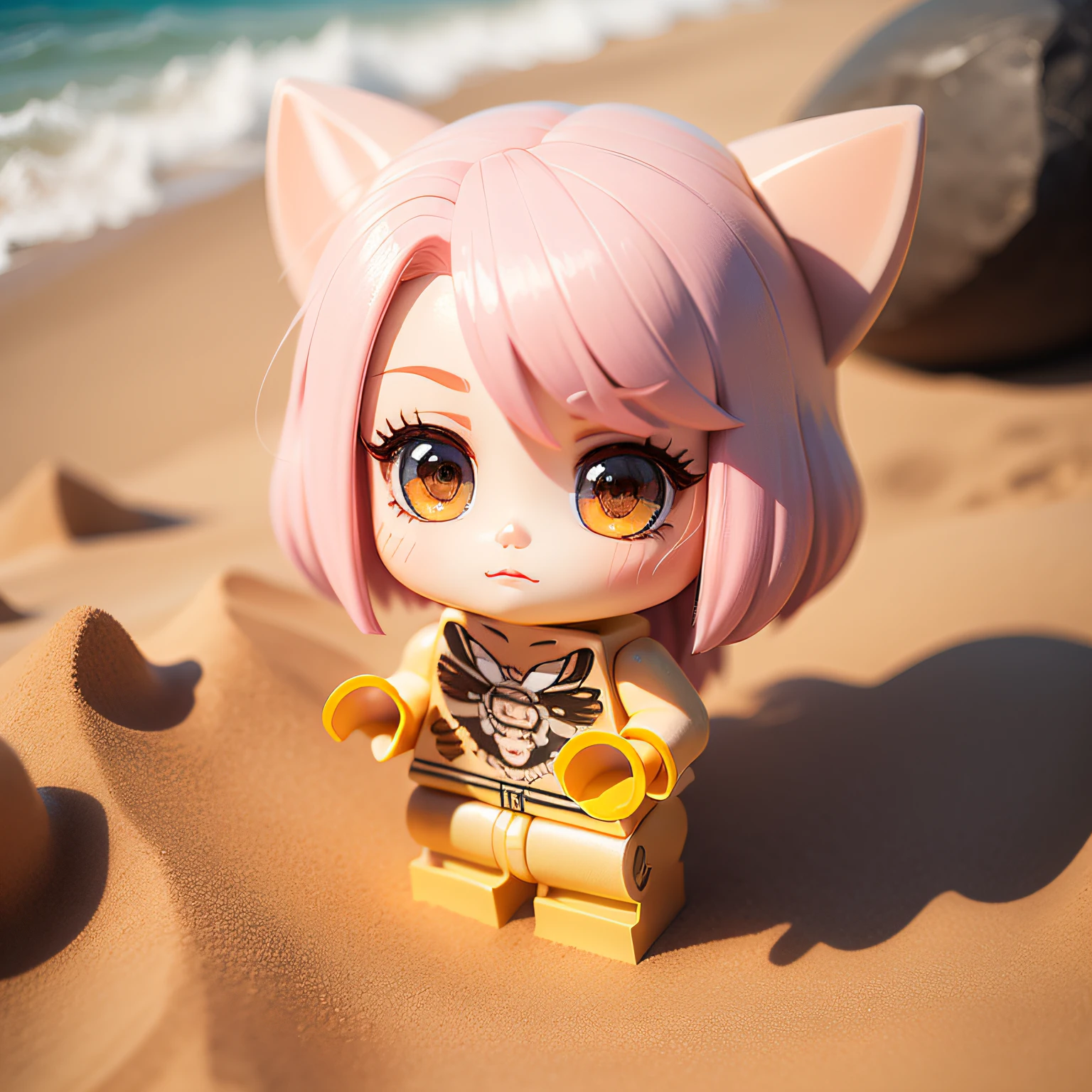 a beauty girl、accuracy、Lego、Chibi、Pink hair、sand beach