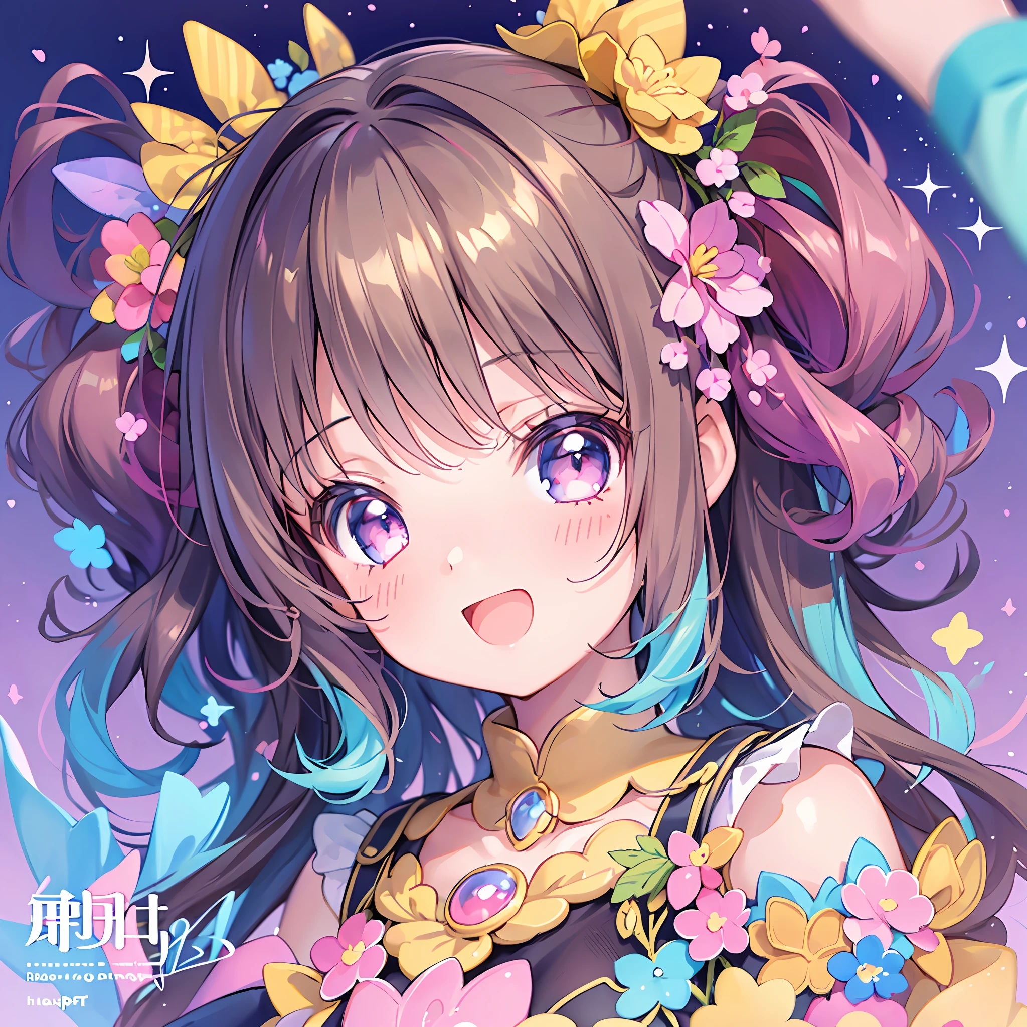 masterpiece, (2girls and 2girls and 2girls and 2girls), idol, closeup, big eyes, kawaiitech, kawaii, cute, pastel colors, best quality, happy, deep background, symmetrical, tilted head, spring, cover, title