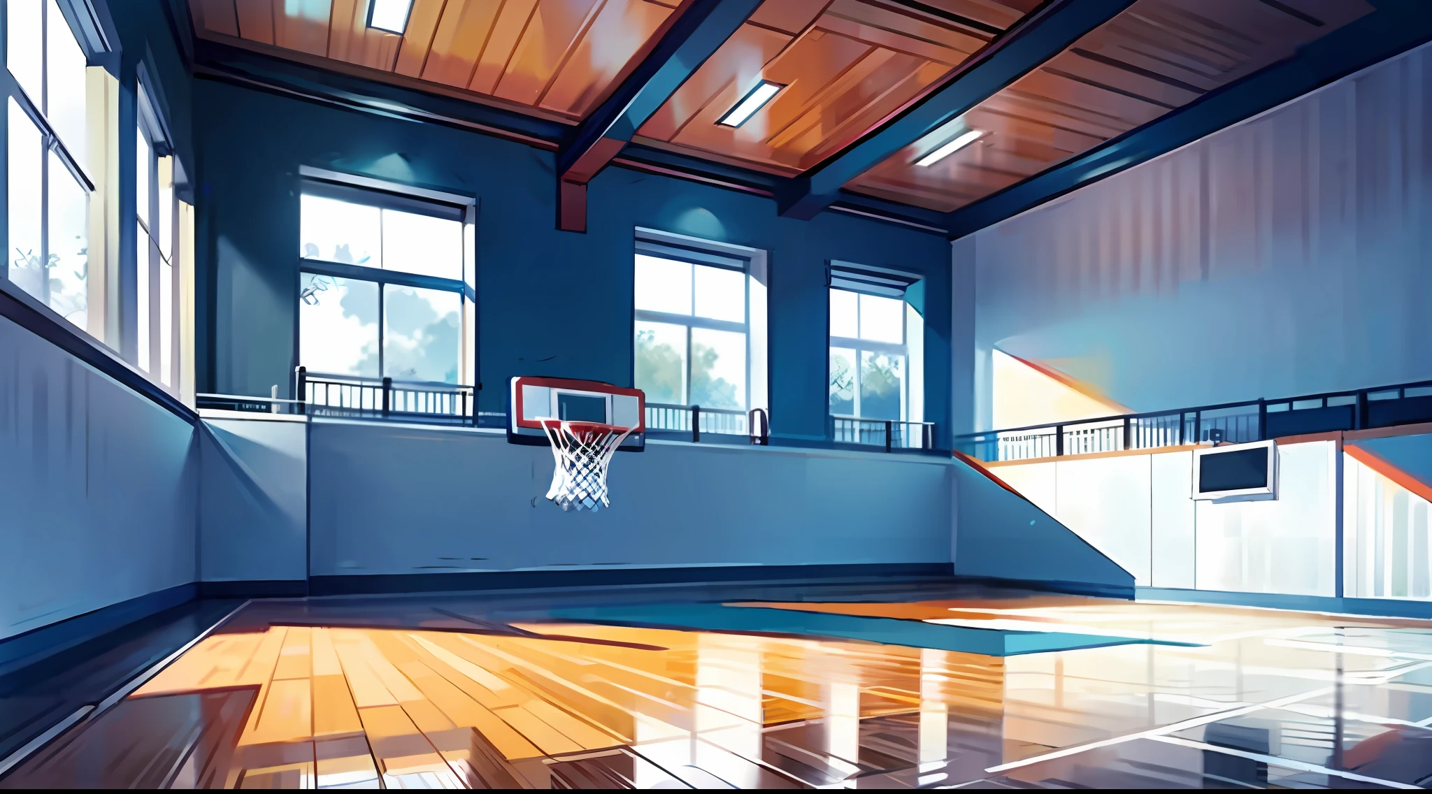 "(Masterpiece), (top-notch quality), (incredibly detailed) scene, landscape, indoor setting, basketball court, indoor basketball, basketball training room."