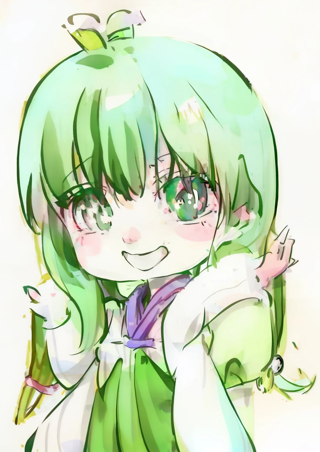 Anime girl with green hair and green eyes and white shirt, shirabii, mikudayo, koyoharu gotouge, from touhou, anime moe art style, chibi girl, iwakura lain, shikamimi, Kawaii chibi, nyaruko-san, wataru kajika, anime chibi