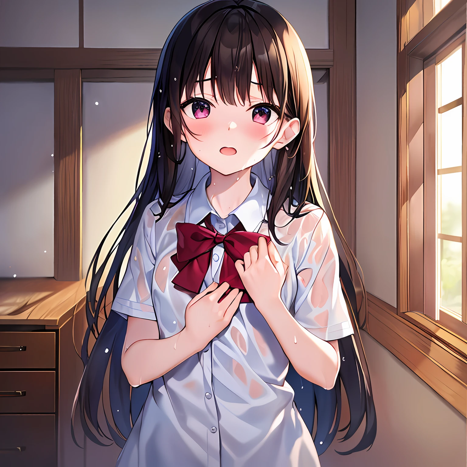 younger sister、Wearing a school uniform、Wet、8K、top-quality、years、Looking at the camera、Cheeks red、I'm embarrassed、Delicate hand、Room、I like my brother、Put your brother's hand on your chest、I'm embarrassed