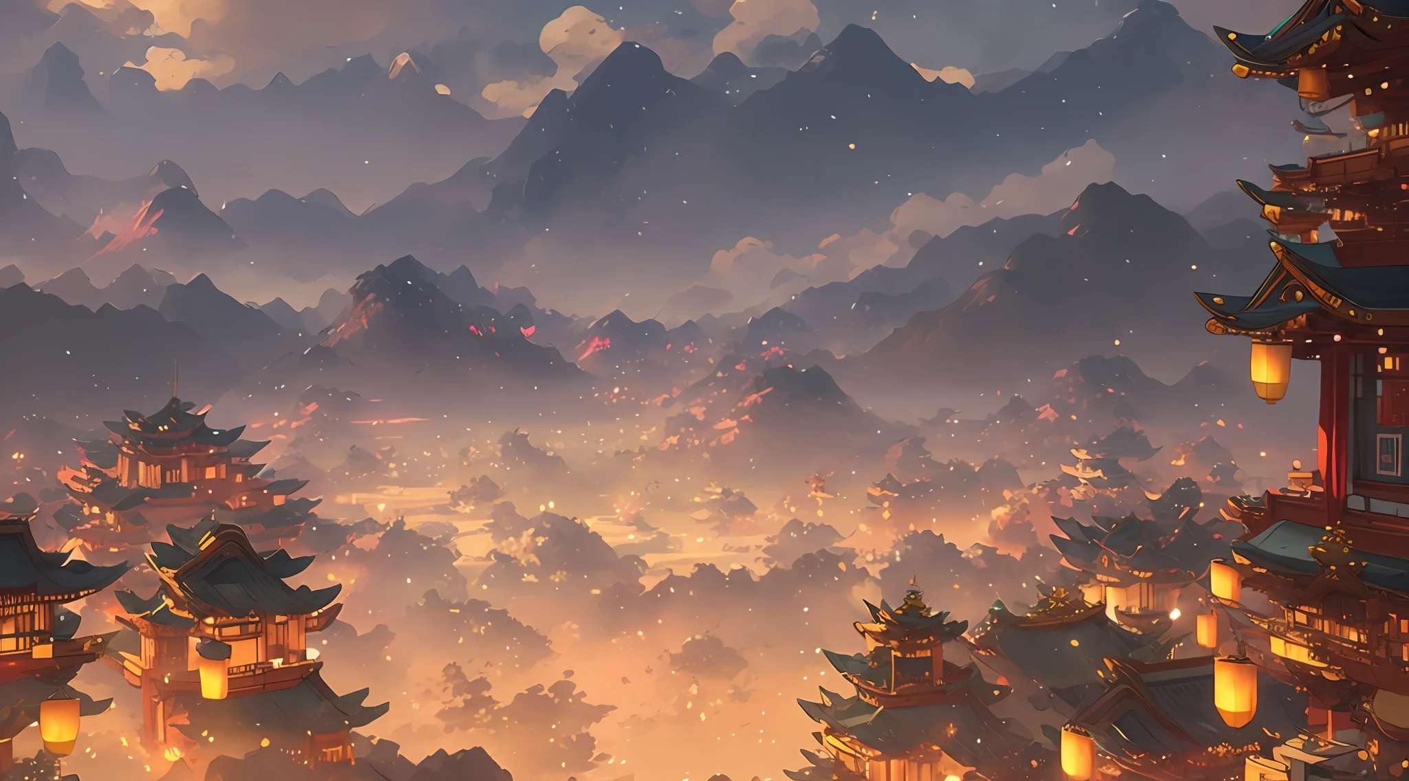 Anime scenery of the city with mountains as the background, ross tran. scenery background, dreamy Chinese towns, overwatch splash art, 《overwatch》a screenshot, atey ghailan 8 k, legend of korra setting, Rosla global lighting, Detailed scenery —width 672, Anime art wallpaper 4 K, Anime art wallpaper 4k, anime landscape wallpapers