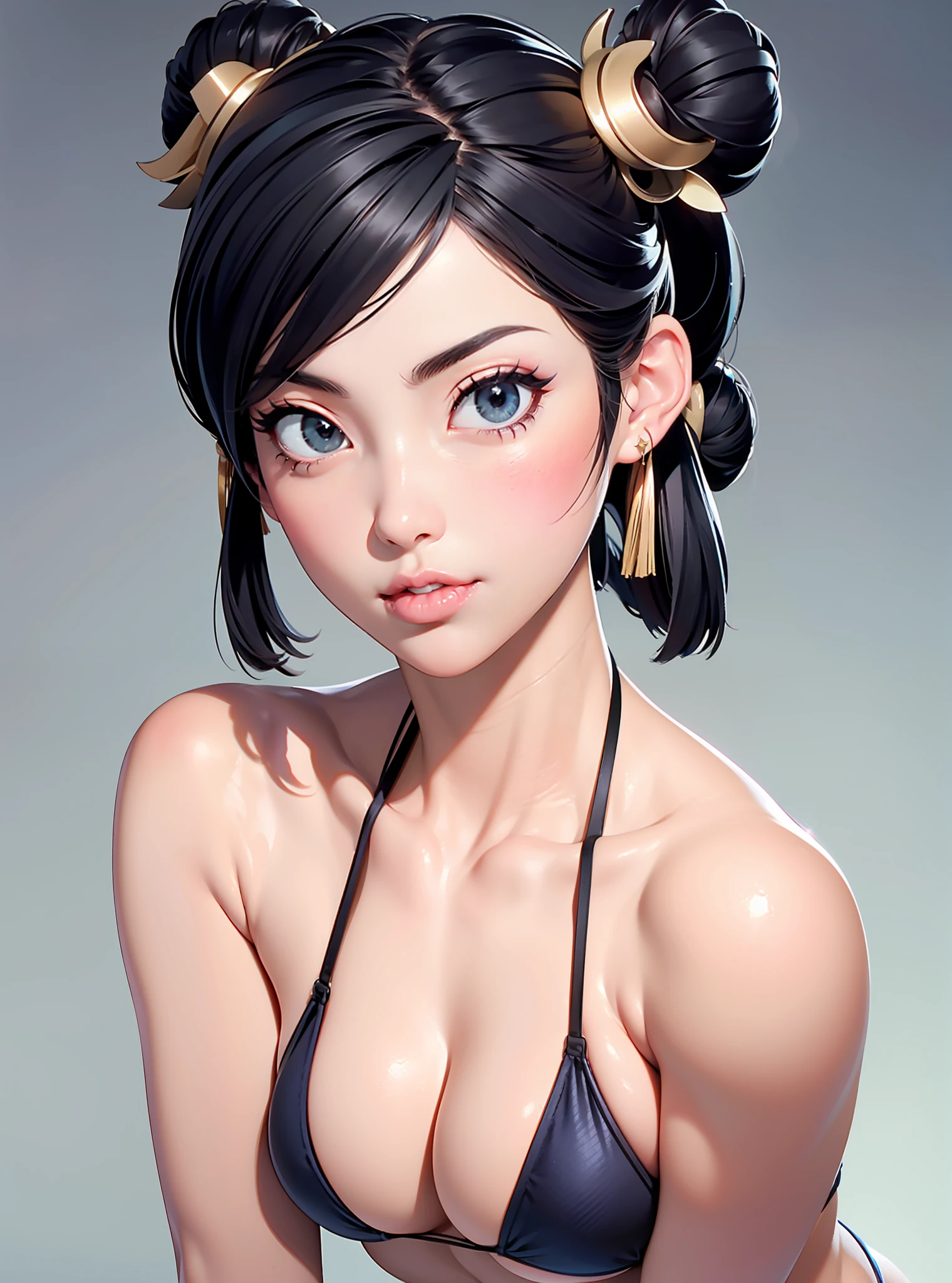 ((Best quality)), ((Masterpiece)), ((Realistic)) Hyper-detail photography of a girl. Chun- li,sweet lovely,(Asian Faces 1.2),(Fighting action) ((Chun- li)), (The tip protrudes slightly1.2),(White double bun),dressed in (small black micro-thong, black micro-bikini:Star motif ) , ((Beautiful and aesthetic)), muscular fit body abs, Sexy, under-boobs, Hot, (Cream gradient background)