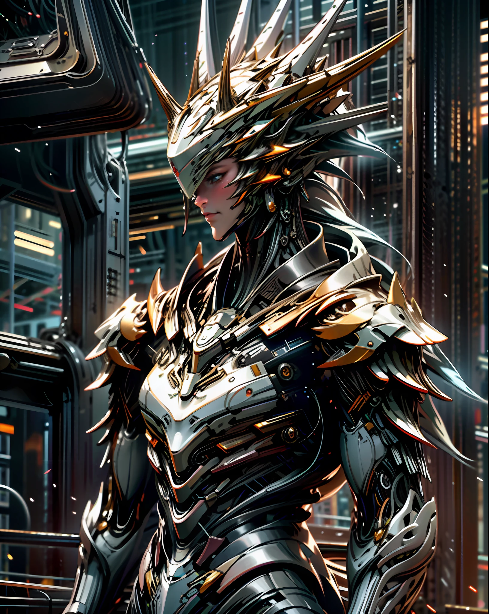 Masterpiece, best quality, high quality, (futuristic: 1.1), (cyberpunk costumes), cinematic lighting, (exquisite futuristic), beautiful  and beautiful, super detailed, great composition, floating, depth of field, (very detailed CG, Unity 8k wallpaper), (beautiful detail background), beautiful hair details, dramatic lighting, gogetta, mecha, best quality, super high resolution, photorealistic and sideways