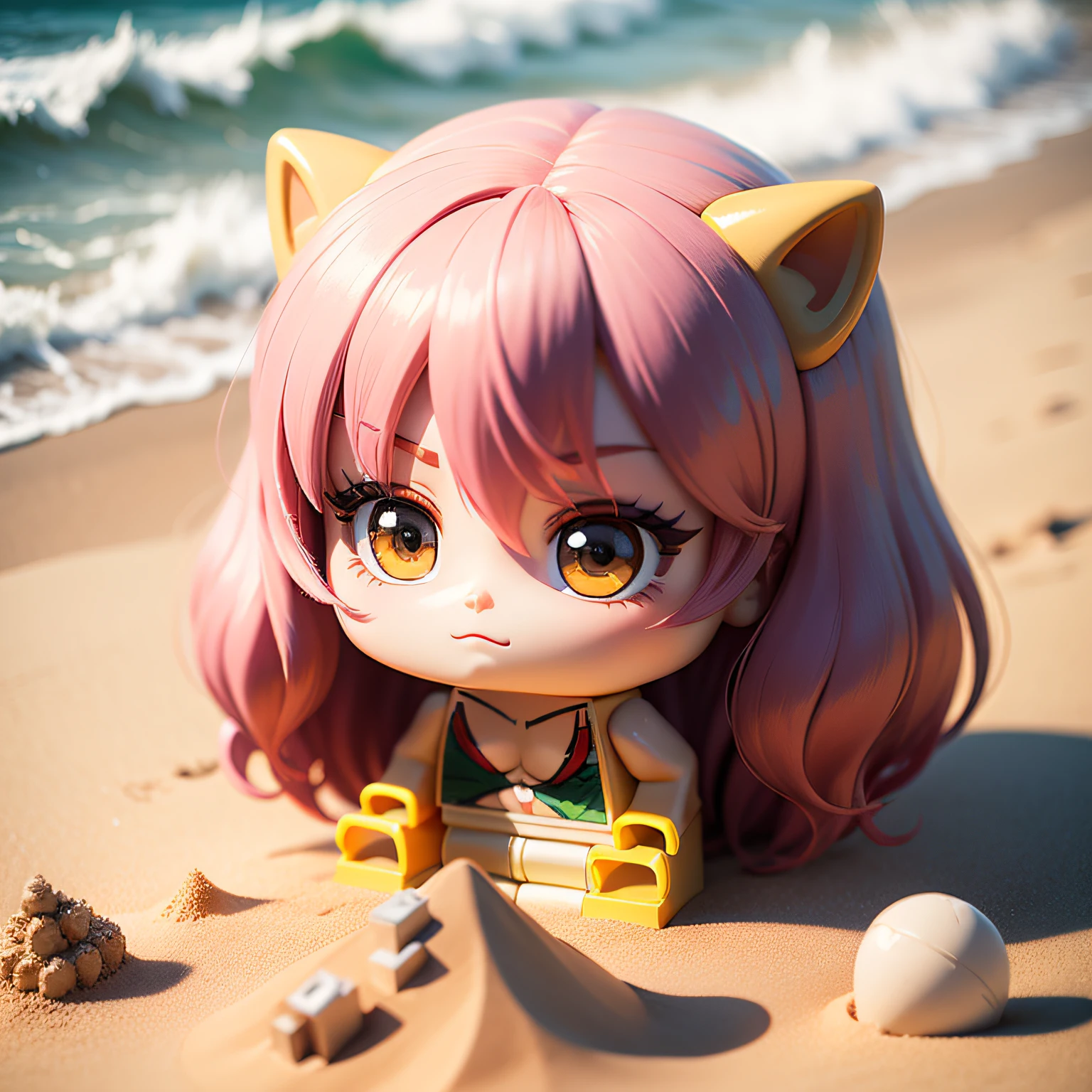 a beauty girl、accuracy、Lego、Chibi、Pink hair、sand beach