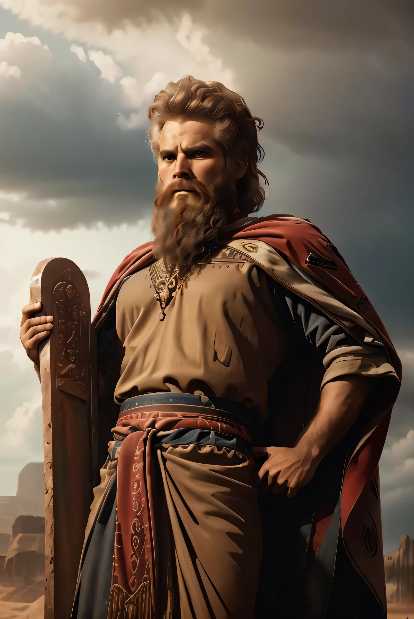 OldEgyptAI, pharaon head, a storm in the background behind him,cloud, cloudy sky, Standing At Attention,(Upper_body), holding two large stone plaque with numbers writing on it's, red cape, long beard, White_hair,Short_hair,Blue_eyes, 1 old Man, looking at viewer,(closed mouth:1.0), serious, official art,extremely detailed CG unity 8k wallpaper, perfect lighting,Colorful, Bright_Front_face_Lighting, (masterpiece:1.0),(best_quality:1.0), ultra high res,4K,ultra-detailed, photography, 8K, HDR, highres, absurdres:1.2, Kodak portra 400, film grain, blurry background, bokeh:1.2, lens flare, (vibrant_color:1.2),