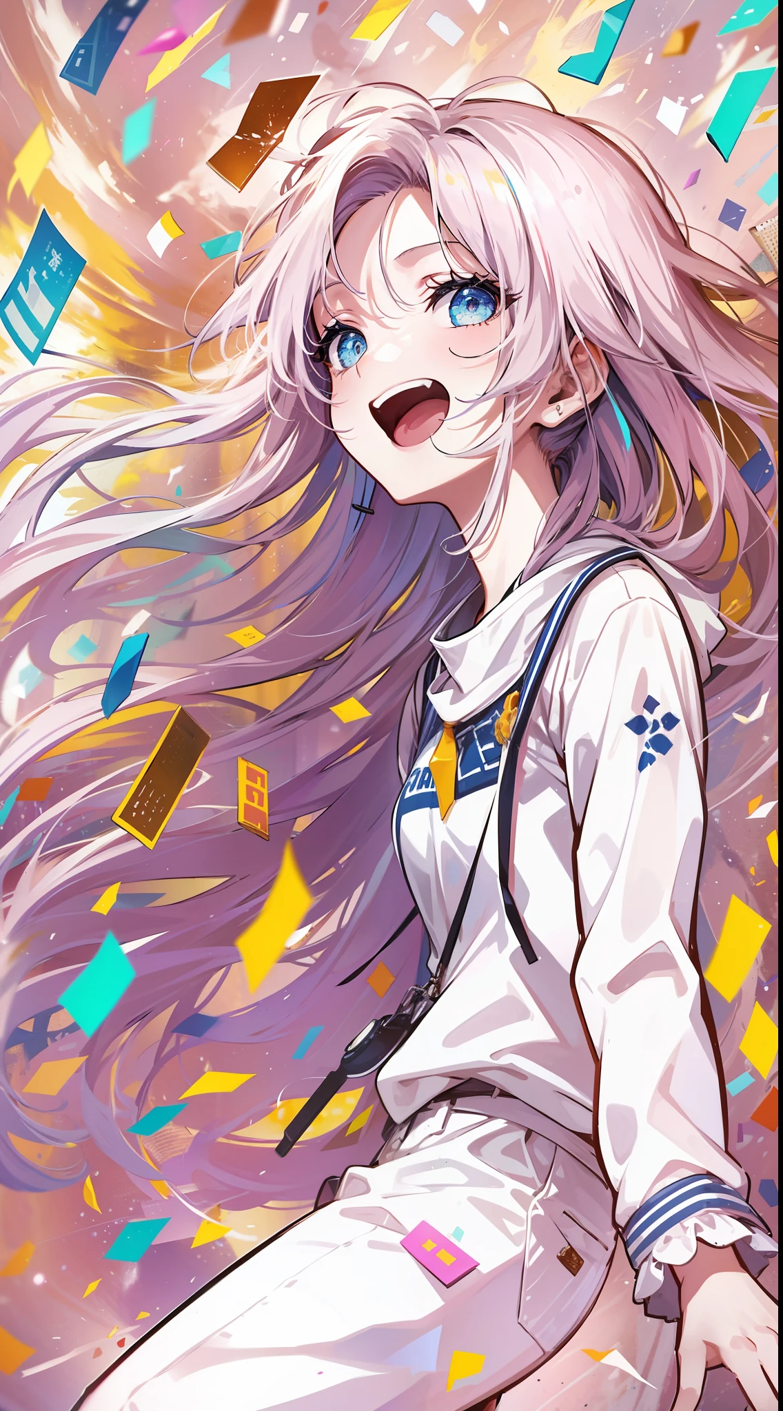 Girl in a dream。I have long colorful hair。Wearing white clothes。It's a rock band。I'm singing a song。Notes flying around。It is an illustration of the highest quality