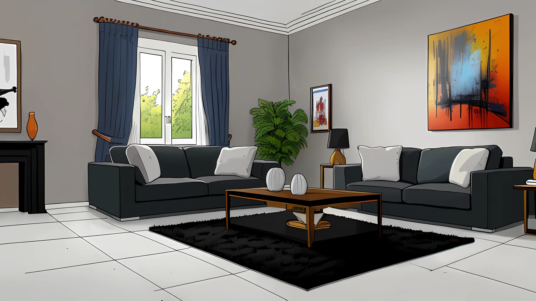 living room interior, Grey floor,black sofa, 8K, hyper HD, tmasterpiece, highest quality