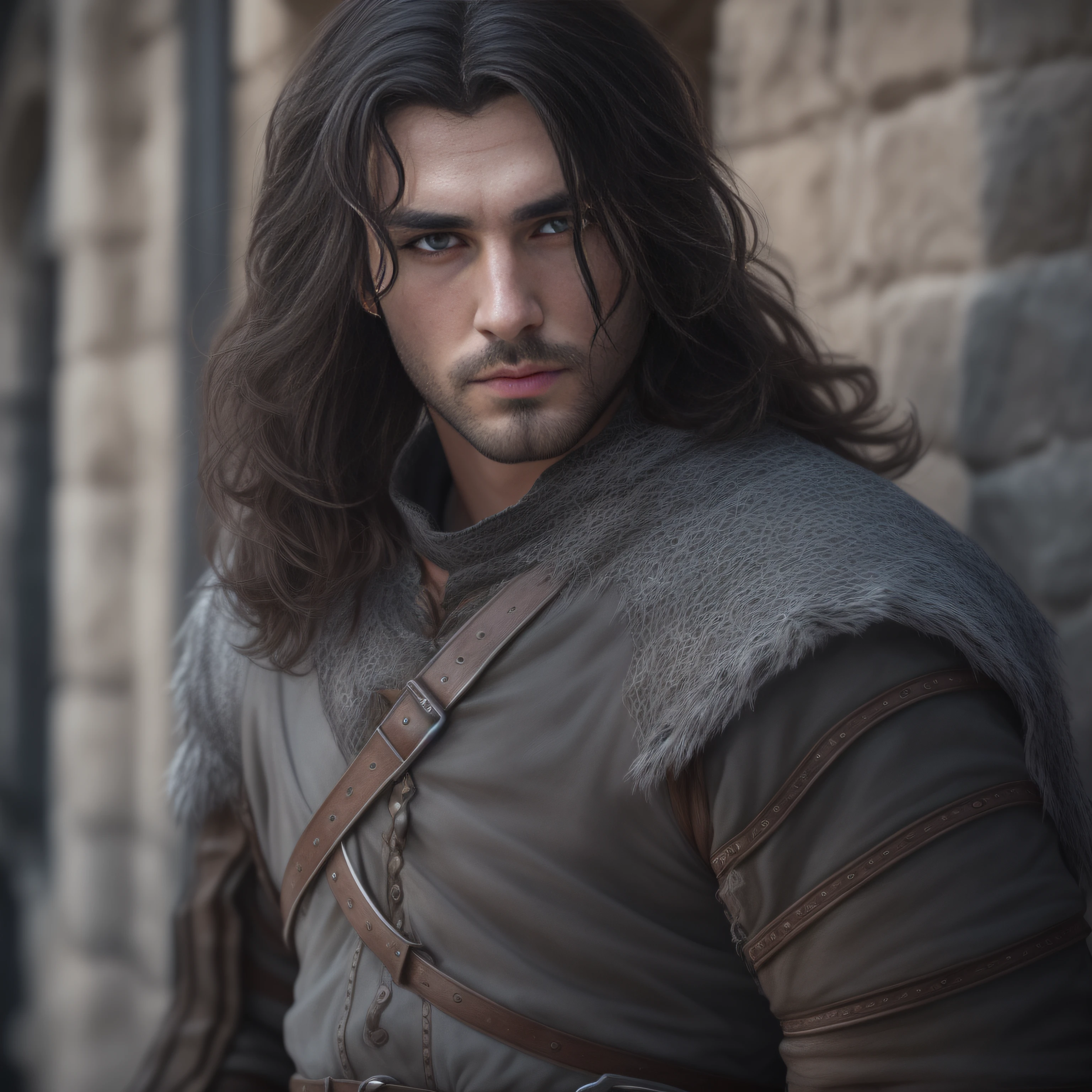 cinematic, photo, head and shoulder portrait photo, 1man, solo, 30 years old medieval fantasy male adventurer, pale skin, very long wavy shabby black hair, incredible grey eyes, long curved eyebrows, short beard, medieval fantasy adventurer clothes, intense look, ugly but fascinating, in a big medieval city, Canon EOS 5D Mark IV, historical, fantasy, hyper detailed, accurate textures, realistic, skin pores