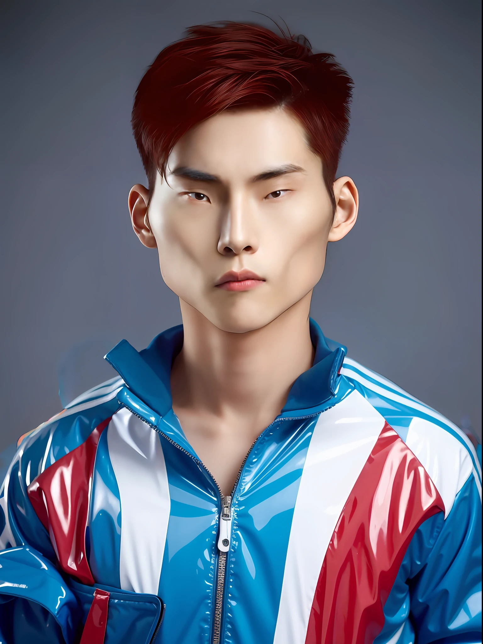 Chinese male high school student,Wearing PVC light blue tracksuit