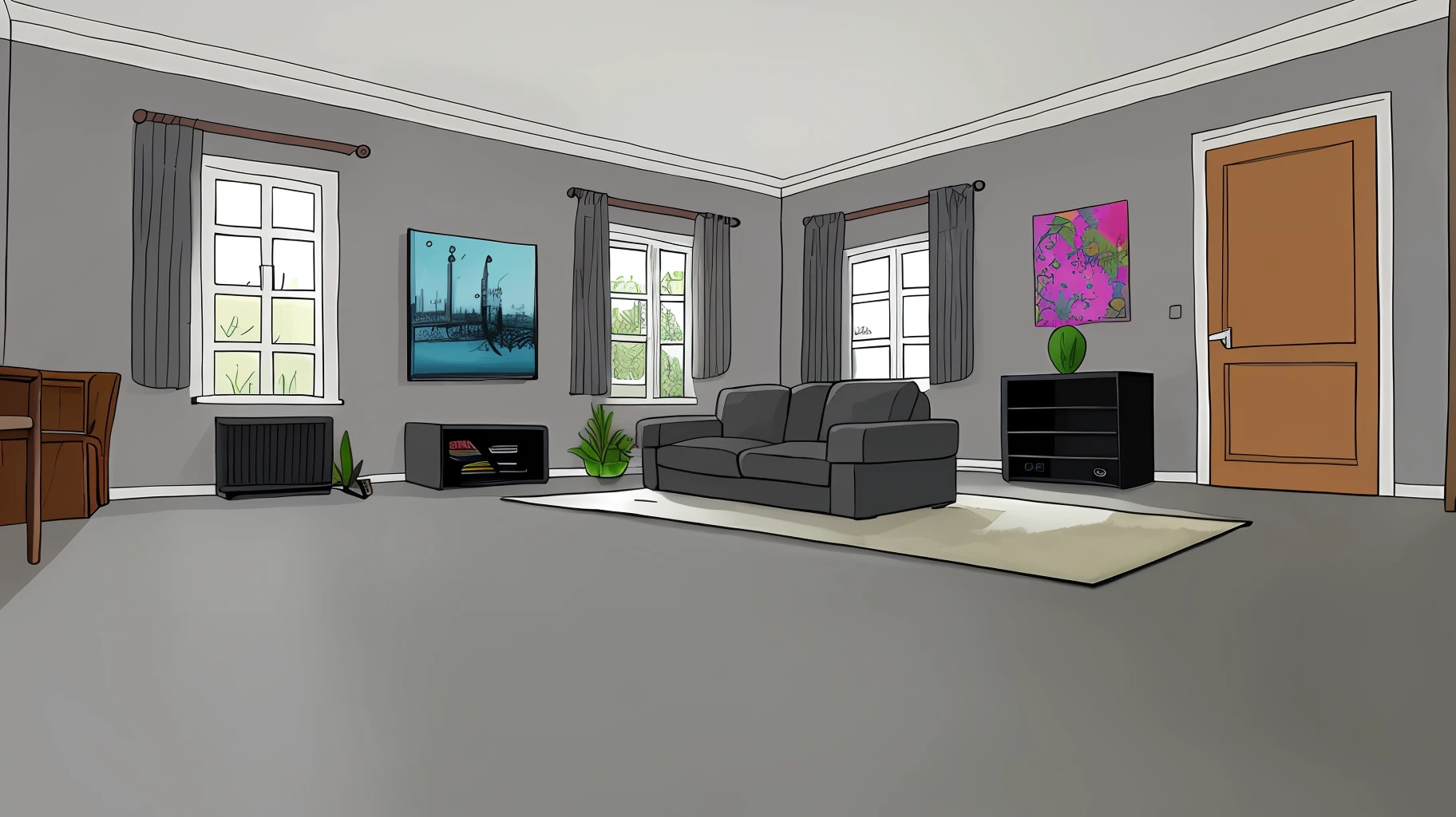 living room interior，Grey floor，8K， hyper HD， tmasterpiece， highest  quality