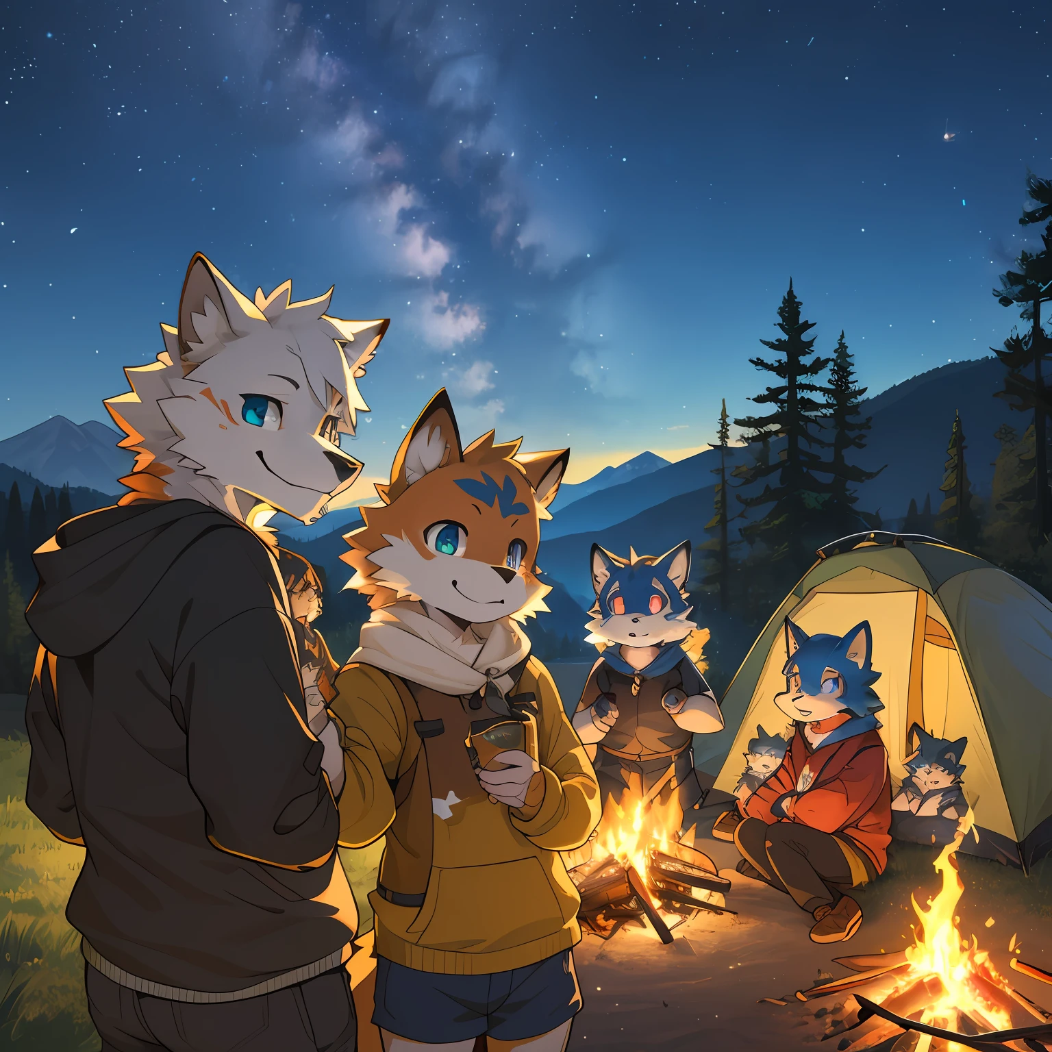 Campsite in the mountains, group shot, 6+boys, 6+girls, camp-fire, night sky, absurdres(highly detailed beautiful face and eyes)perfect anatomy(Photo of family trip)(kemono, furry anthro)selfie,