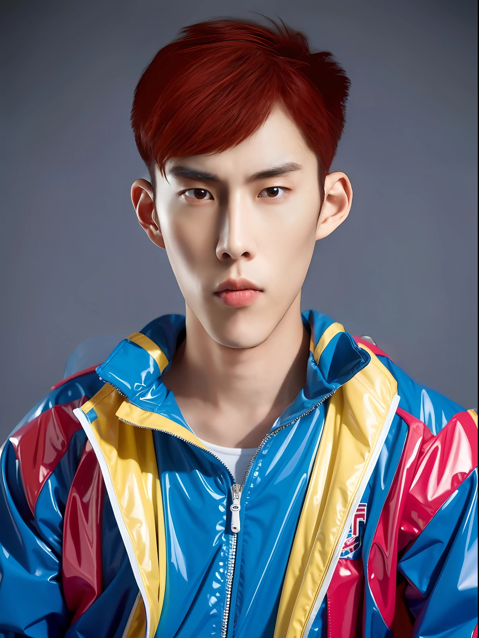 Chinese male high school student,Wearing PVC light blue tracksuit