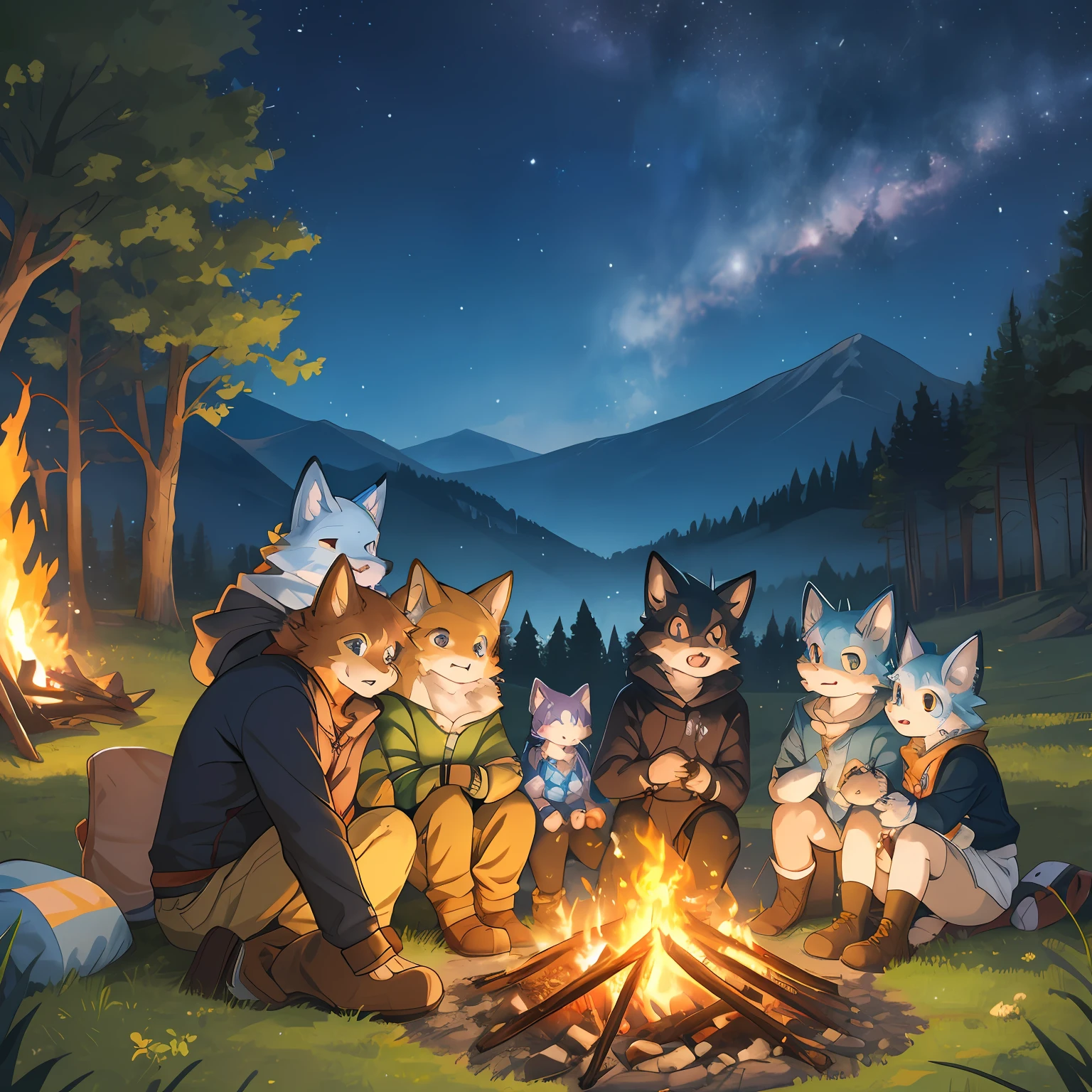 Campsite in the mountains, group shot, 6+boys, 6+girls, camp-fire, night sky, absurdres(highly detailed beautiful face and eyes)perfect anatomy(Photo of family trip)(kemono, furry anthro)selfie,