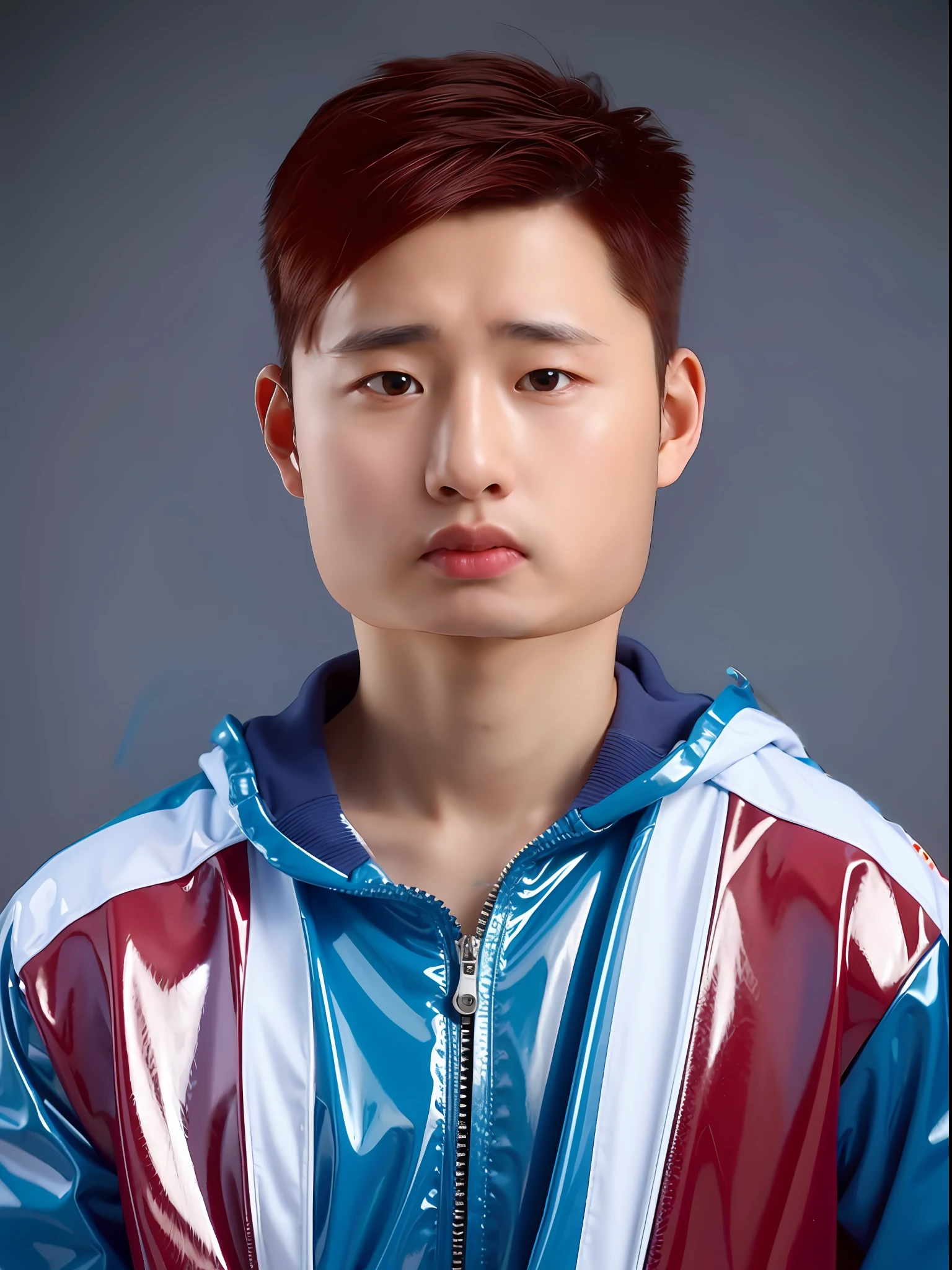 Chinese male high school student,Wearing PVC light blue tracksuit