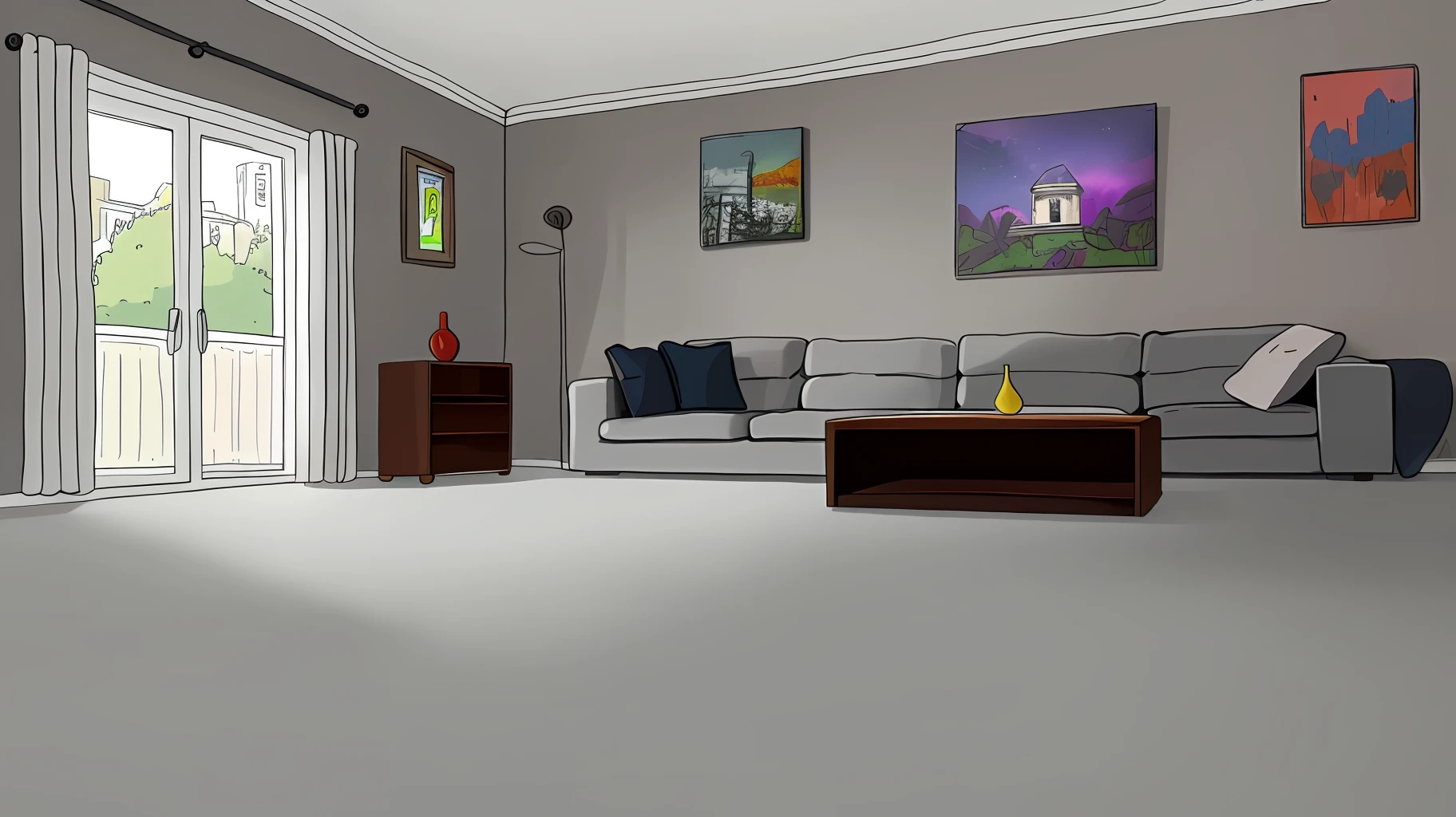 living room interior,Grey floor,8K, hyper HD, tmasterpiece, highest quality