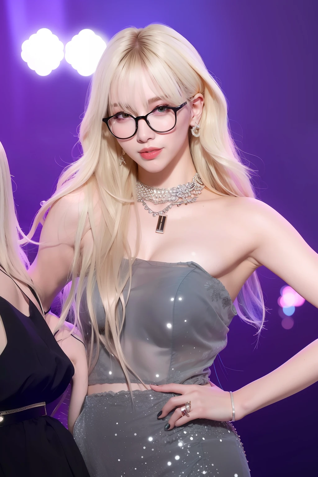 (8K, 4K, Best quality, A high resolution, 超A high resolution:1.1), (Masterpiece, Realistic, photo-realistic:1.1), 1girll, face, Close-up, double tails, Blonde hair, Black eyes, Red lips, (Looking in the audience：2），Absurd long hair，long eyelasher，eye shadows，petty face，largeeyes，exposed bare shoulders，hight contrast，Wears eyebrow-rimmed glasses