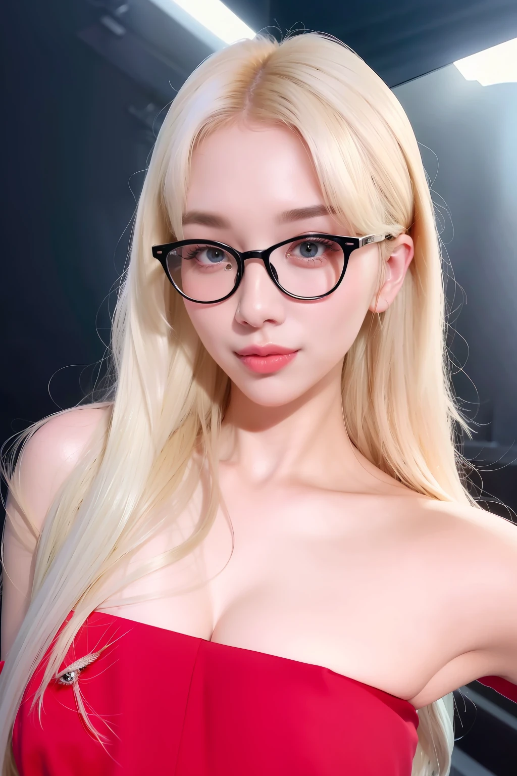 (8K, 4K, Best quality, A high resolution, 超A high resolution:1.1), (Masterpiece, Realistic, photo-realistic:1.1), 1girll, face, Close-up, double tails, Blonde hair, Black eyes, Red lips, (Looking in the audience:2),Absurd long hair,long eyelasher,eye shadows,petty face,largeeyes,exposed bare shoulders,hight contrast,Wears eyebrow-rimmed glasses