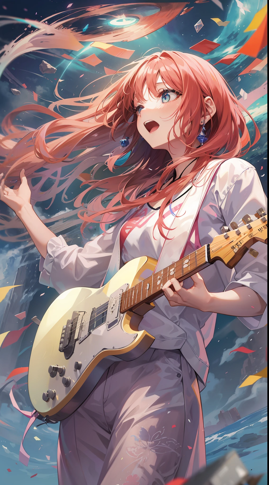 Girl in a dream。I have long colorful hair。Wearing white clothes。It's a rock band。I'm singing a song。Notes flying around。It is an illustration of the highest quality。It is a beautiful illustration。Very colorful。
