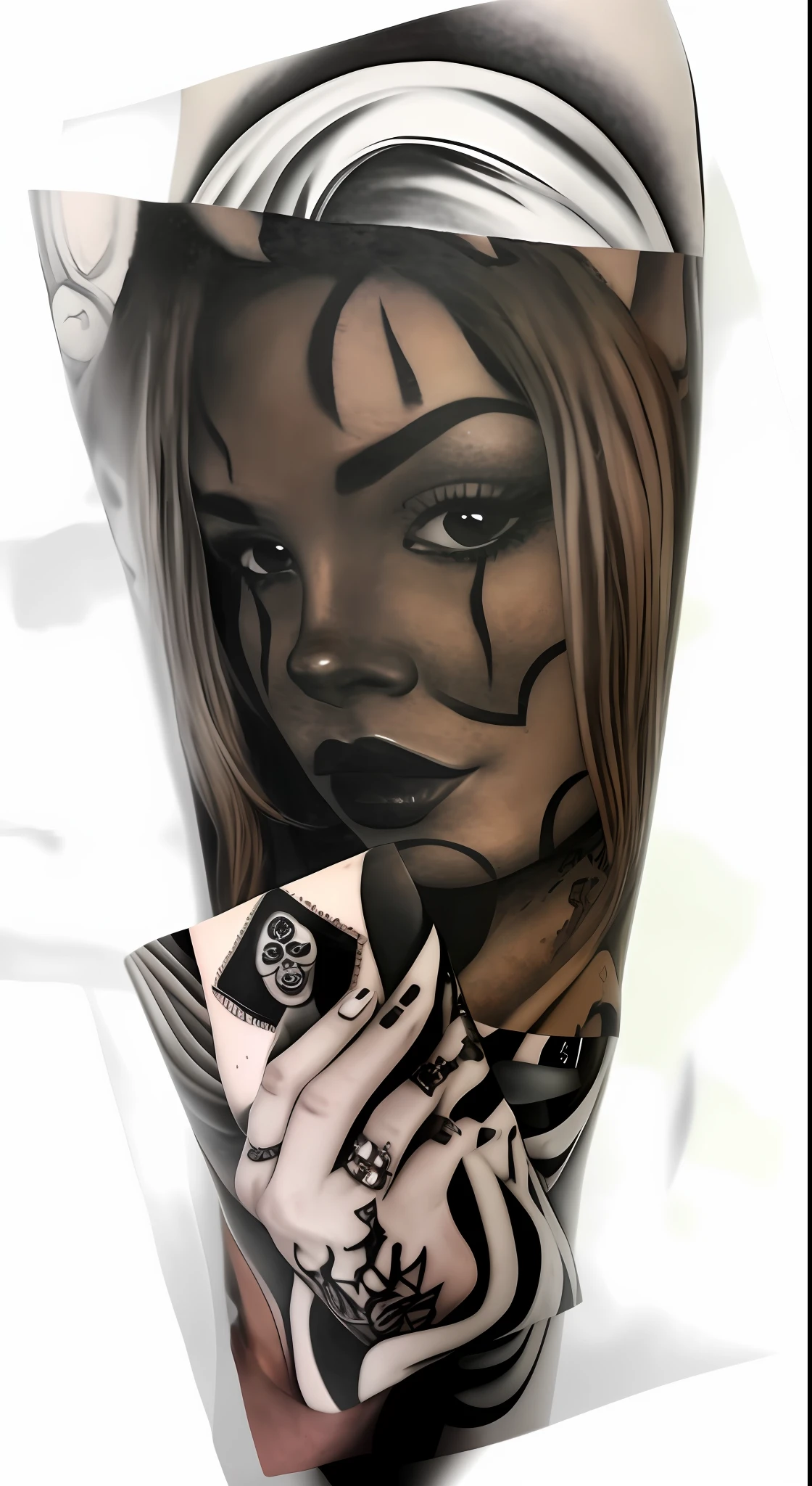 Un primer plano de una persona con un tatuaje en el brazo, Estilo de tatuaje negro y gris, Tatuaje de realismo, Cara detallada ), sombreado hiperrealista, detailed face with mask, Tatuaje sombreado hiperrealista, Cara detallada, Cara detallada!!, Cara y cuerpo detallados, Full Face Tattoo Epic Portrait, Cara realista detallada, Mujer detallada, Cara detallada y realista, Sombreado realista