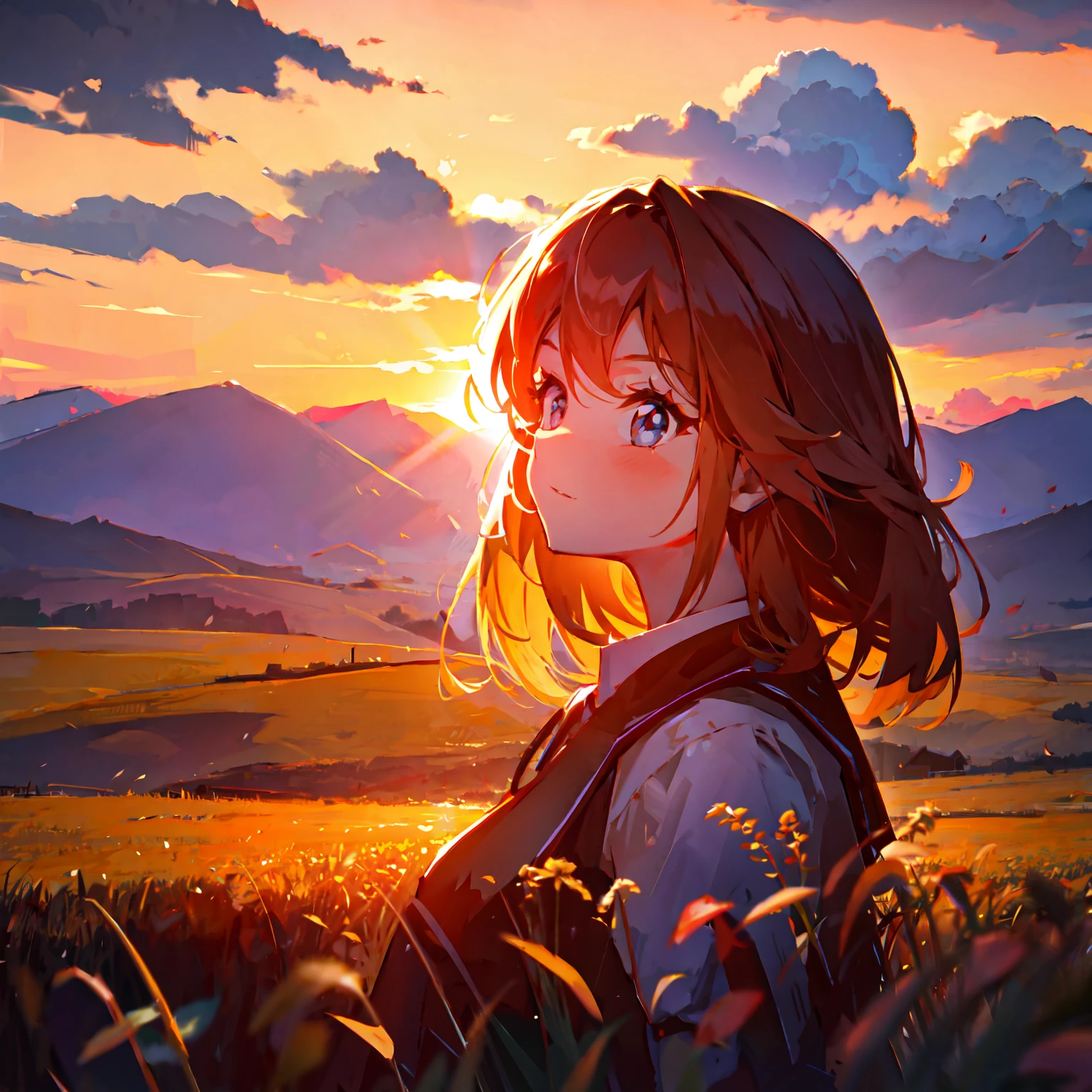 girl standing in field, closeup, portrait, clouds, sunrise