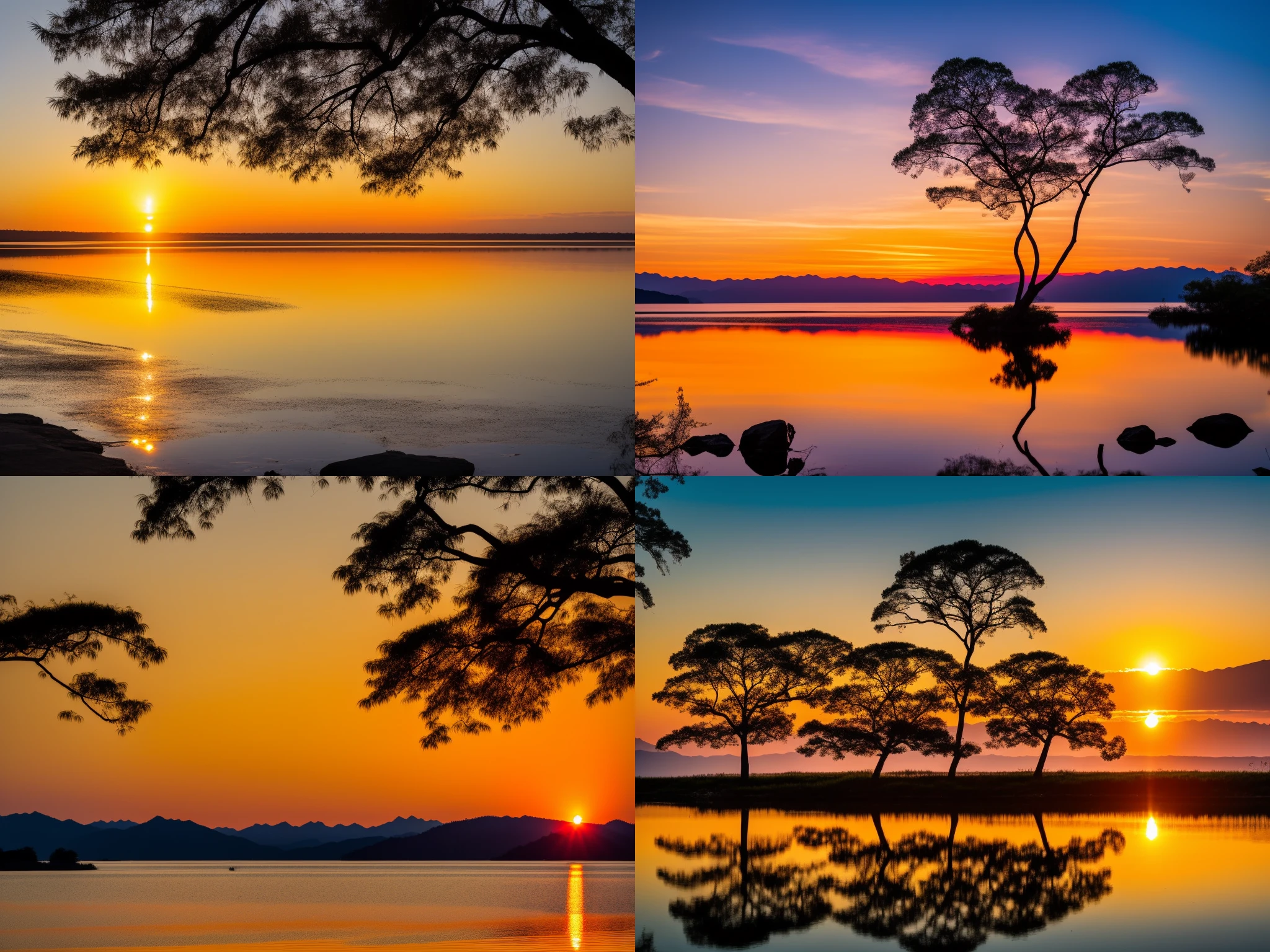 real photograph，cinematic level shot，Peaceful lakeside before sunset，A large, golden disc-like sun is about to dip into the horizon，Cast a warm glow in the sky，Reflected in the calm waters of the lake。The silhouette of a palm tree sways gently in the breeze，The leaves rustled。captured with a Canon EOS 5D Mark IV camera，Use a wide-angle lens to capture the vastness of the scene。plethora of colors，The strokes are soft，Conveys a feeling of tranquility and beauty。8K high-definition