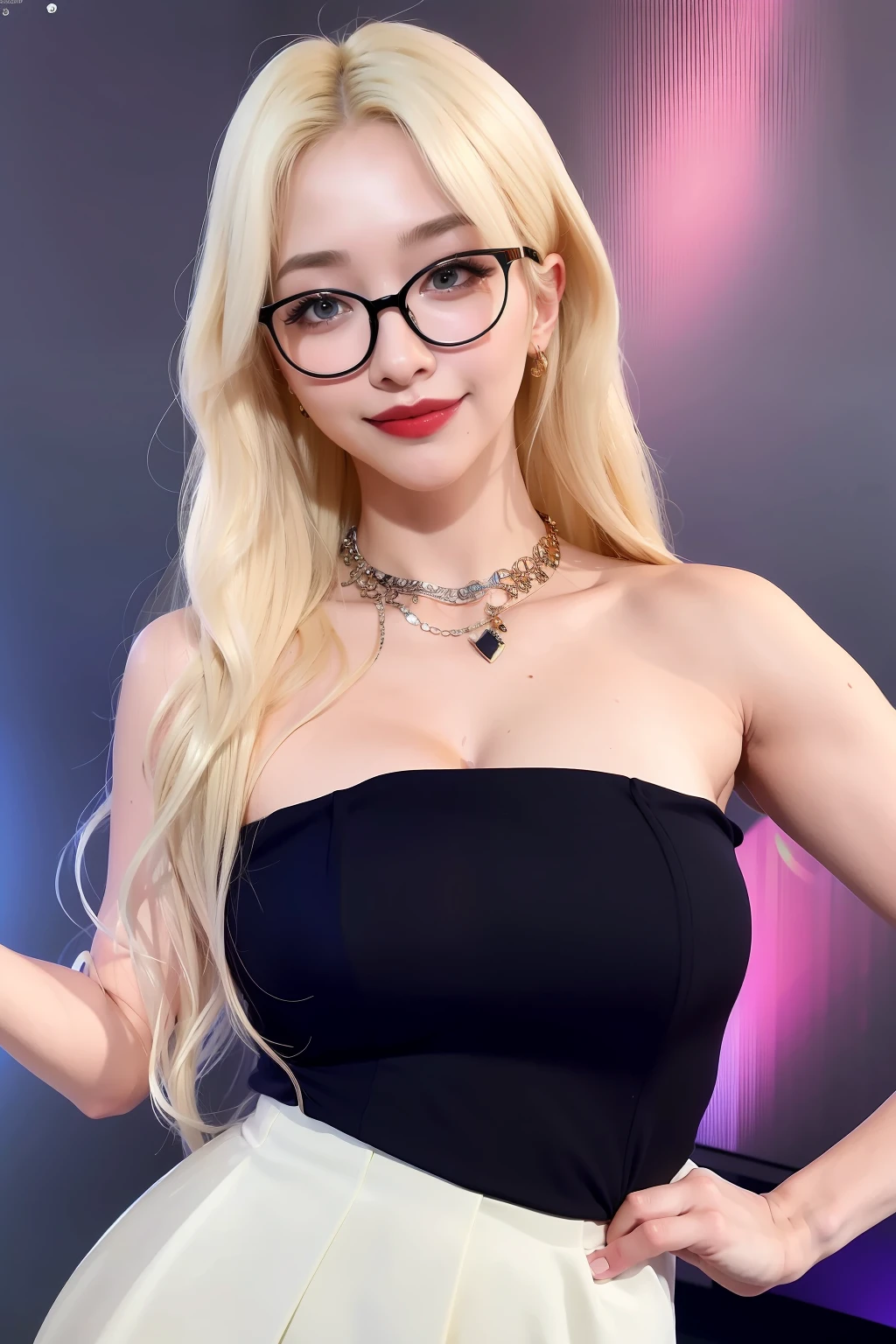 (8K, 4K, Best quality, A high resolution, 超A high resolution:1.1), (Masterpiece, Realistic, photo-realistic:1.1), 1girll, face, Close-up, double tails, Blonde hair, Black eyes, Red lips, (Looking in the audience:2),Absurd long hair,long eyelasher,eye shadows,petty face,largeeyes,exposed bare shoulders,hight contrast,Wears eyebrow-rimmed glasses