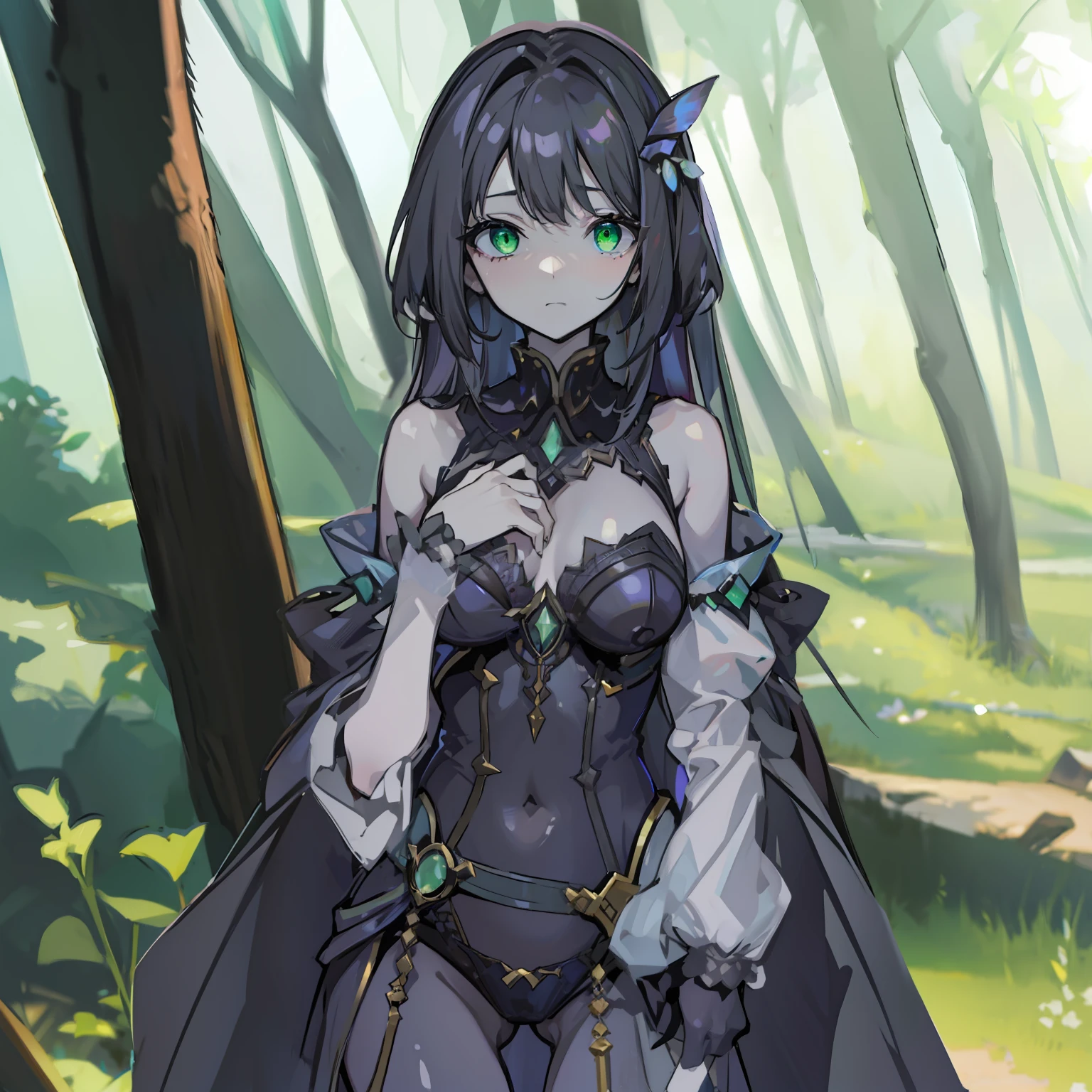1female, solar light nymph, green eyes, black hair, embarrassed, black panties, bodice, hand on chest, looking down at self.