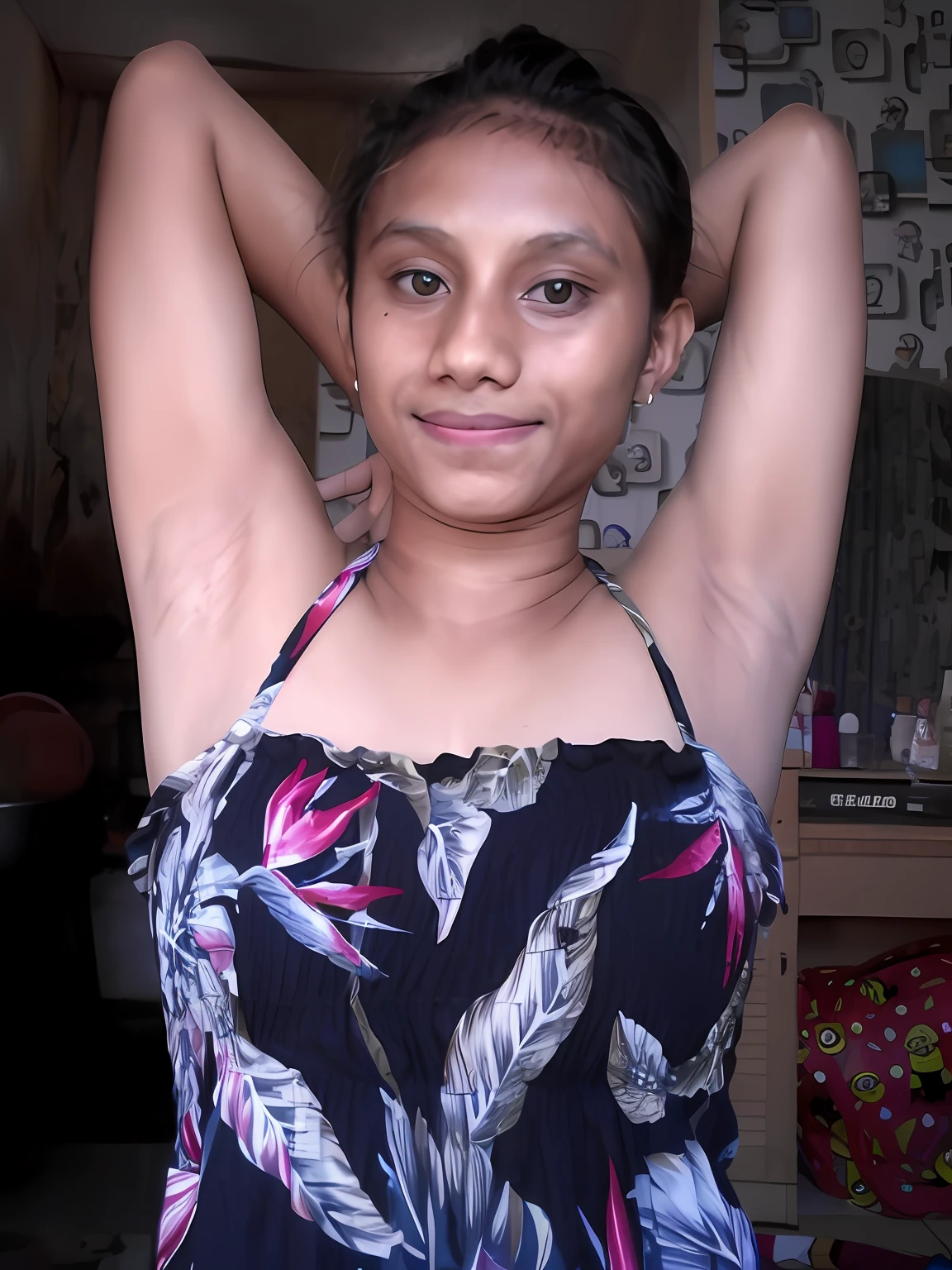 there is a woman that is posing for a picture in a tanktop, armpit, around 19 years old, hairy arms, with arms bare, indian girl with brown skin, with arms up, around 20 yo, she is about 20 years old, she is about 20 years old, she is about 16 years old, sweaty skin!!