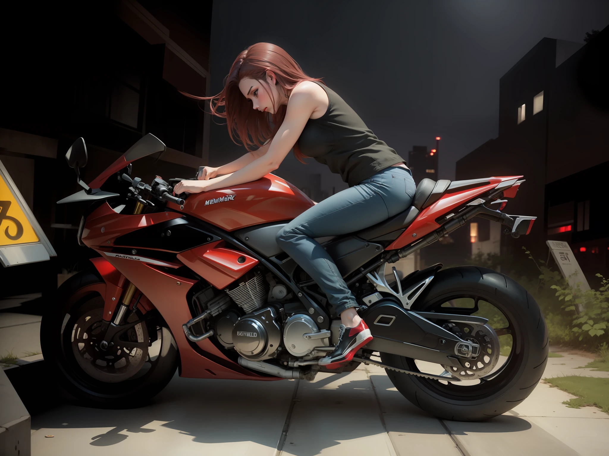 Side angle,Red motorcycle,Beautuful Women,Red shoes,High Picture Quality,Night riding