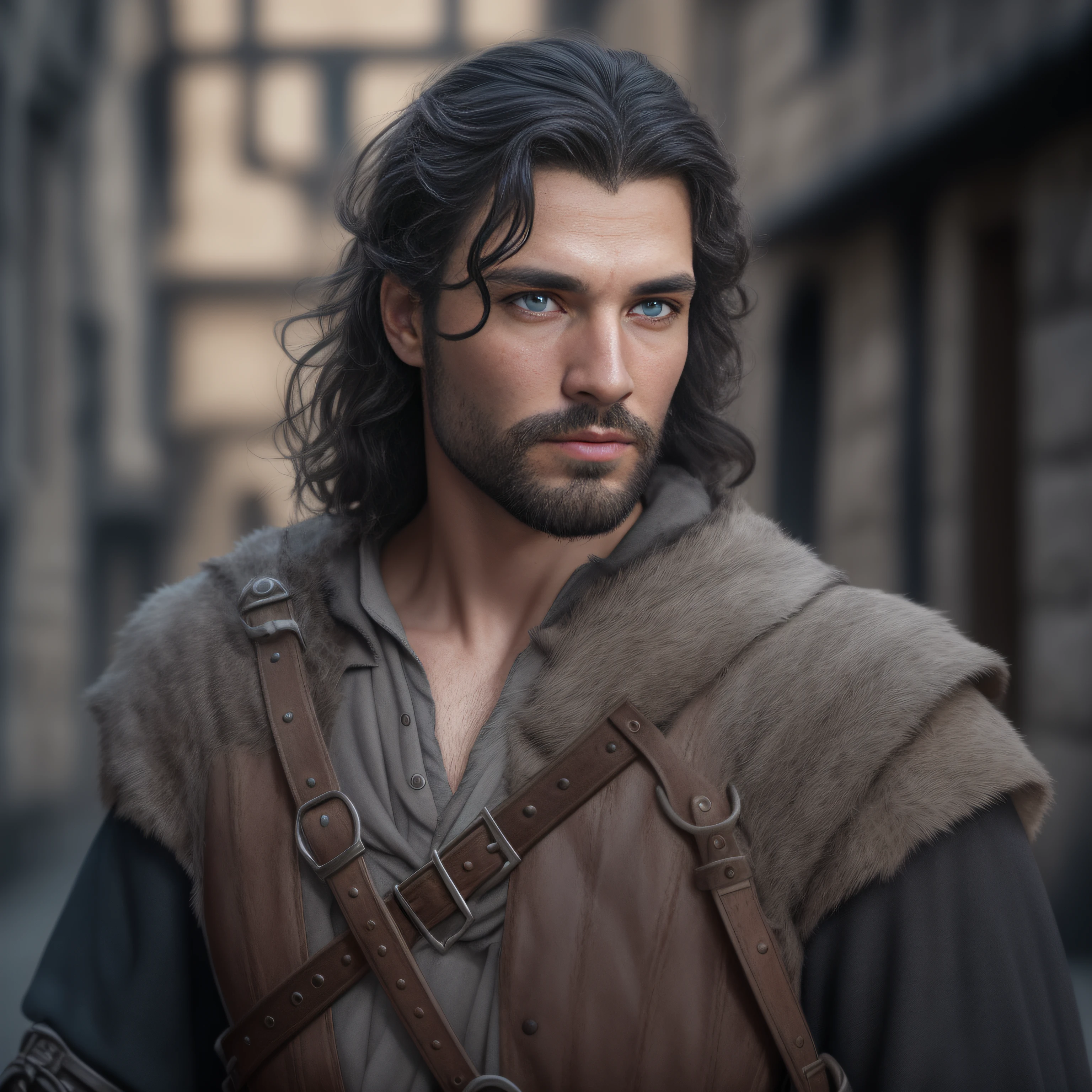 cinematic, photo, head and shoulder portrait photo, 1man, solo, 30 years old medieval fantasy male adventurer, pale skin, very long wavy shabby black hair, incredible grey eyes, long curved eyebrows, short beard, medieval fantasy adventurer clothes, intense look, ugly but fascinating, in a big medieval city, Canon EOS 5D Mark IV, historical, fantasy, hyper detailed, accurate textures, realistic, skin pores