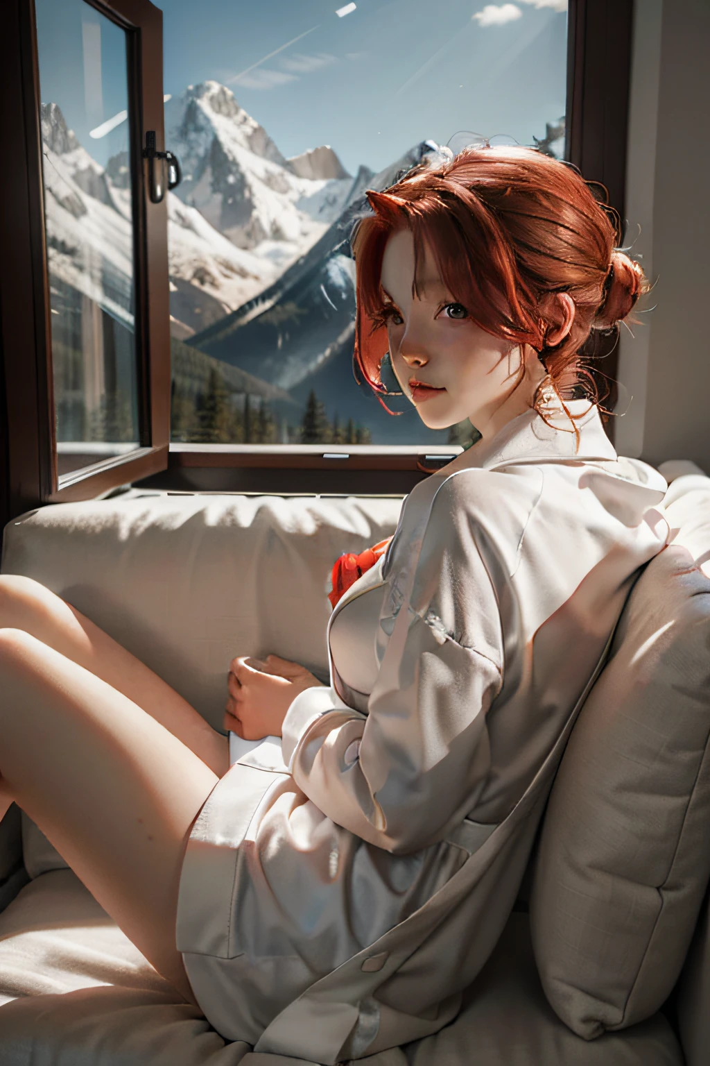 Red-haired girl,prette,adolable,slim,white bathrobe,Lying on the couch,Back,floor to ceiling window,in the early morning,Mountains in the distance
