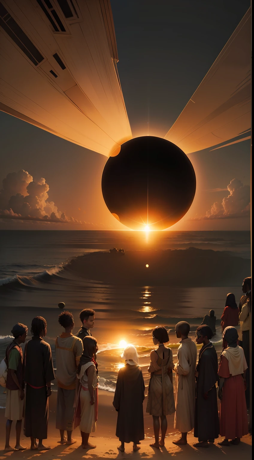 A half black sun, and people on land, looking at the sun.