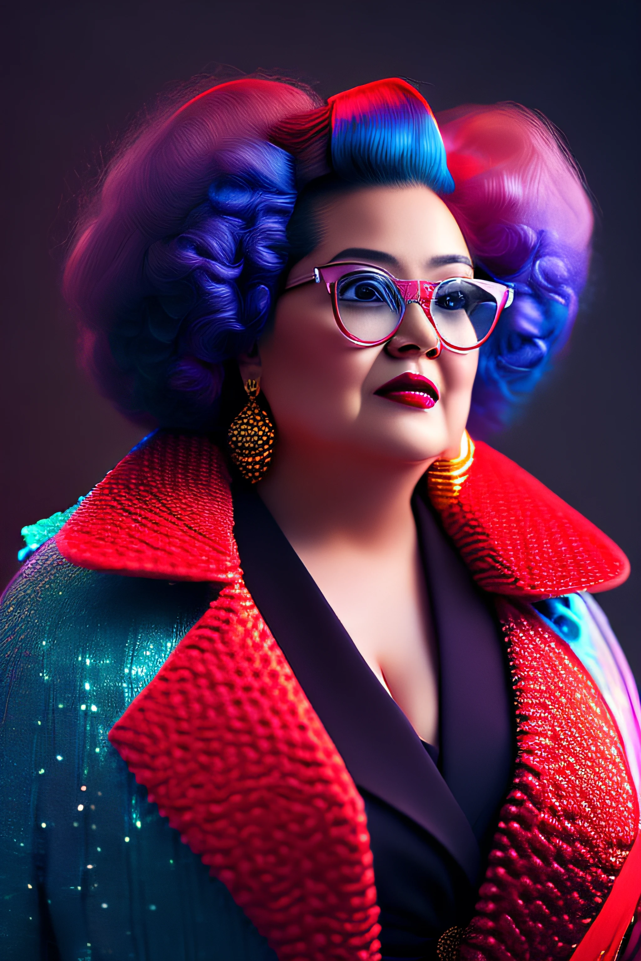 (fashionista portrait fat and very old american woman, 1950s with intricate colorful modern bright colored glasses), colorful fluffy hair, serious expression (extremely detailed digital photography: 1.2), standing in the middle of the city, ((((full body)))), raw image,, Hasselblad, 50asa, f8, 12mm, glow effects, godrays, hand drawn, render, 8k, octane render, cinema 4d, blender, dark, atmospheric 4k ultra detailed, sensual cinematic, sharp focus, humorous illustration, great depth of field, masterpiece, colors, 3d octane rendering, 4k, concept art, trend in artstation, hyperrealistic, vivid colors, rim light, extremely detailed CG 8k wallpaper unit, trend in ArtStation, trend in CGSociety, Pop Art style by Erik Madigan Heck, Intricate, High Detail, dramatic, pure energy, light particles, sci-fi