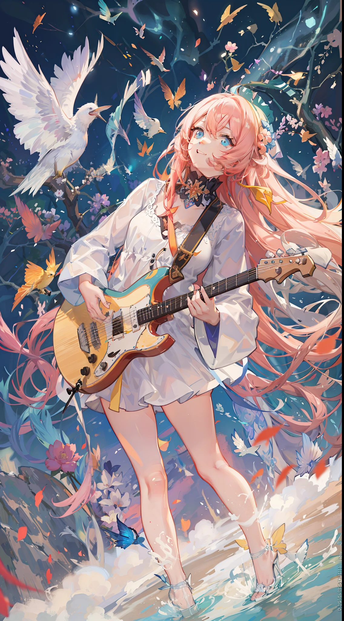 Girl in a dream。I have long colorful hair。Wearing white clothes。It's a rock band。I'm singing a song。Notes flying around。It is an illustration of the highest quality。It is a beautiful illustration。Very colorful。
