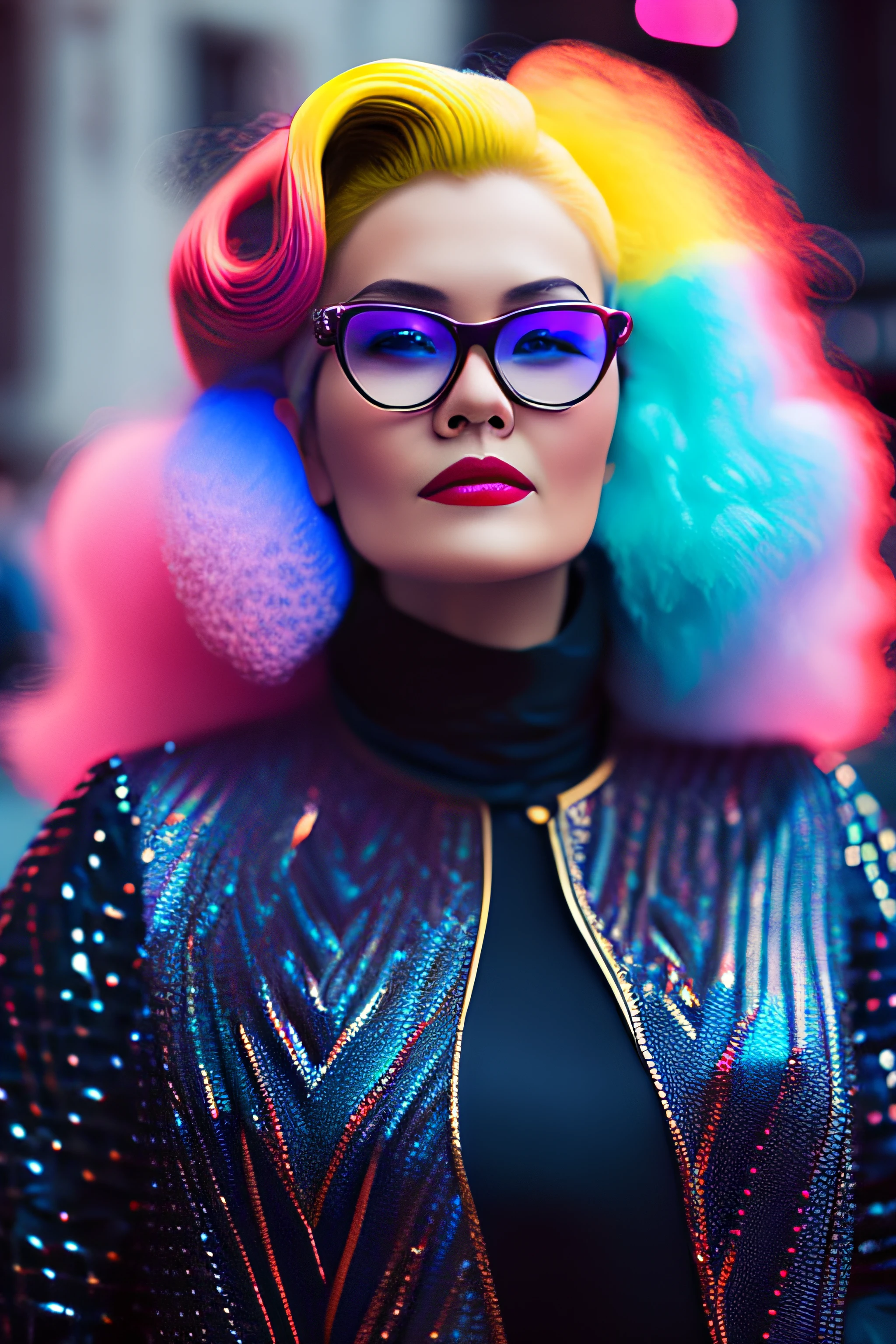 (fashionista portrait fat and very old american woman, 1950s with intricate colorful modern bright colored glasses), colorful fluffy hair, serious expression (extremely detailed digital photography: 1.2), standing in the middle of the city, ((((full body)))), raw image,, Hasselblad, 50asa, f8, 12mm, glow effects, godrays, hand drawn, render, 8k, octane render, cinema 4d, blender, dark,  atmospheric 4k ultra detailed, sensual cinematic, sharp focus, humorous illustration, great depth of field, masterpiece, colors, 3d octane rendering, 4k, concept art, trend in artstation, hyperrealistic, vivid colors, rim light, extremely detailed CG 8k wallpaper unit, trend in ArtStation, trend in CGSociety, Pop Art style by Erik Madigan Heck, Intricate, High Detail,  dramatic, pure energy, light particles, sci-fi