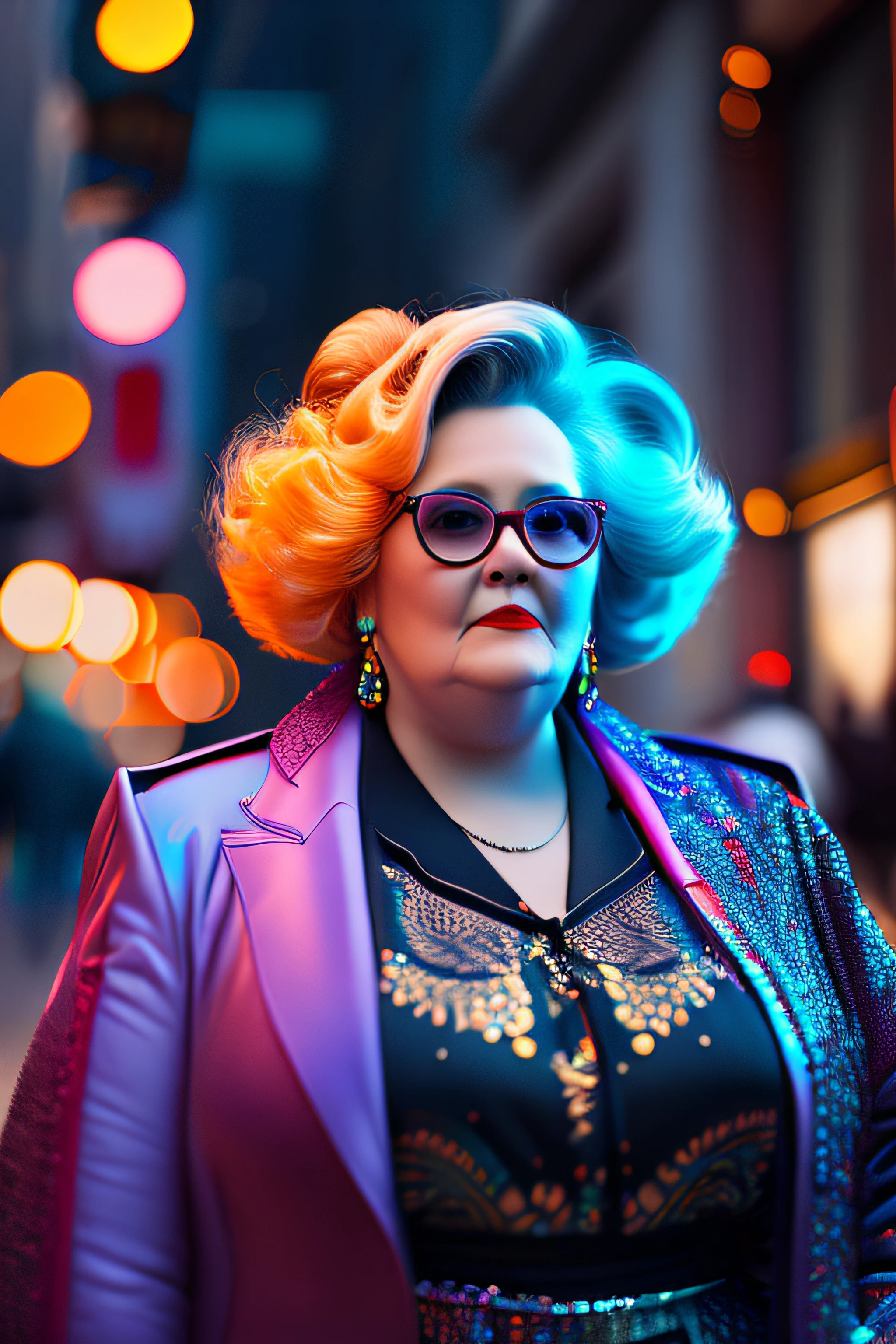 (fashionista portrait fat and very old american woman, 1950s with intricate colorful modern bright colored glasses), colorful fluffy hair, serious expression (extremely detailed digital photography: 1.2), standing in the middle of the city, ((((full body)))), raw image,, Hasselblad, 50asa, f8, 12mm, glow effects, godrays, hand drawn, render, 8k, octane render, cinema 4d, blender, dark, atmospheric 4k ultra detailed, sensual cinematic, sharp focus, humorous illustration, great depth of field, masterpiece, colors, 3d octane rendering, 4k, concept art, trend in artstation, hyperrealistic, vivid colors, rim light, extremely detailed CG 8k wallpaper unit, trend in ArtStation, trend in CGSociety, Pop Art style by Erik Madigan Heck, Intricate, High Detail, dramatic, pure energy, light particles, sci-fi
