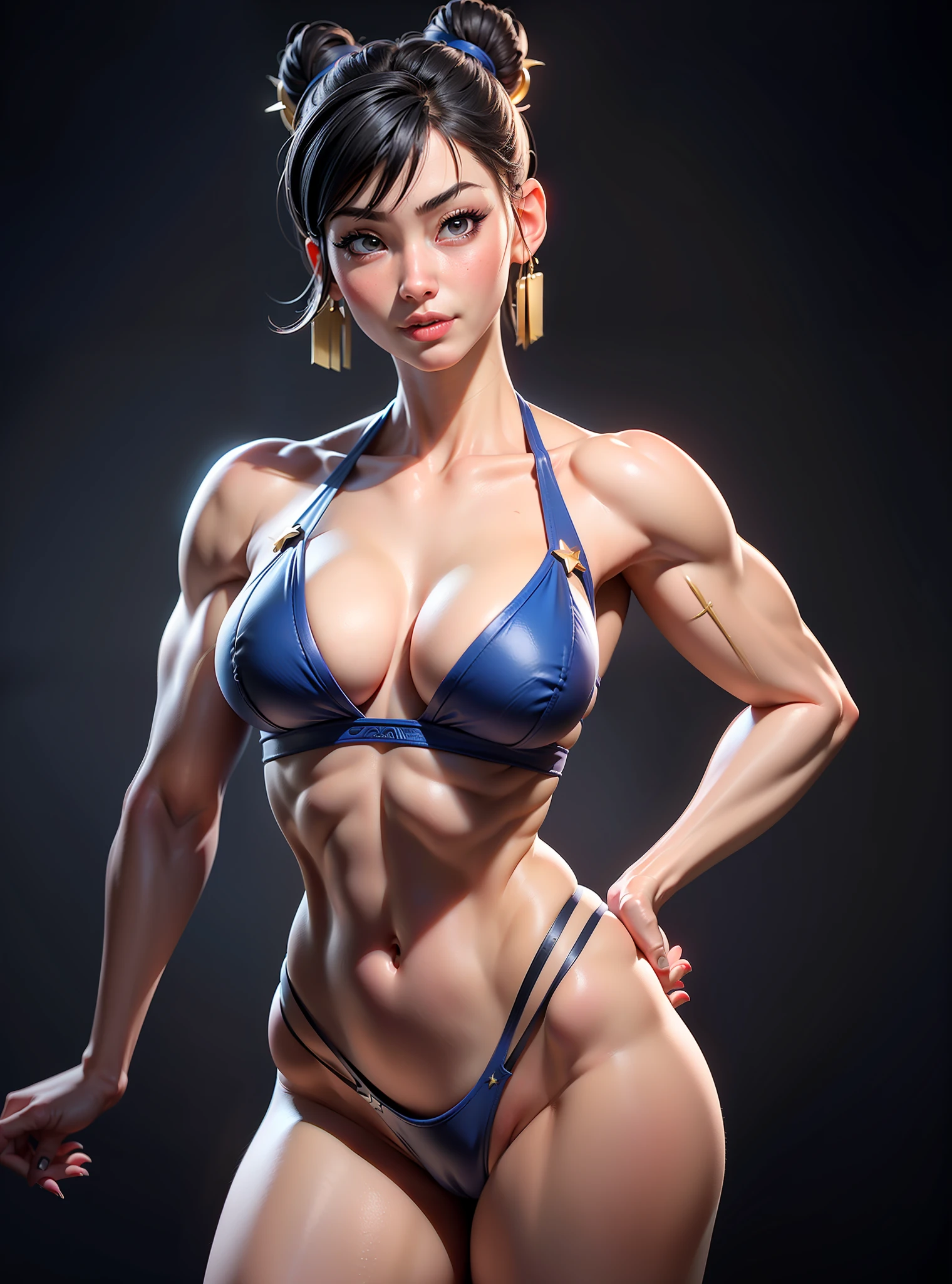 ((Best quality)), ((Masterpiece)), ((Realistic)) and ultra-detailed photography of a girl with goth colors. Chun- li,sweet lovely,(Asian face), ((Chun- li)), dressed in (small black micro-thong, black micro-bikini:Star motif ) , ((Beautiful and aesthetic)), muscular fit body abs, Sexy, under-boobs, Hot, (Cream gradient background)