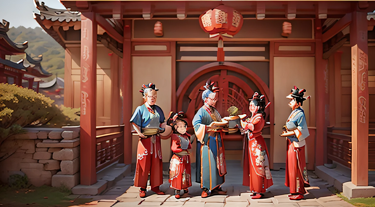 1 Xiucai，1 son，1 old man，1womanl，TRADITIONAL CHINESE COSTUMES，bluestone walls，Sod hut，2 pheasants，China-style