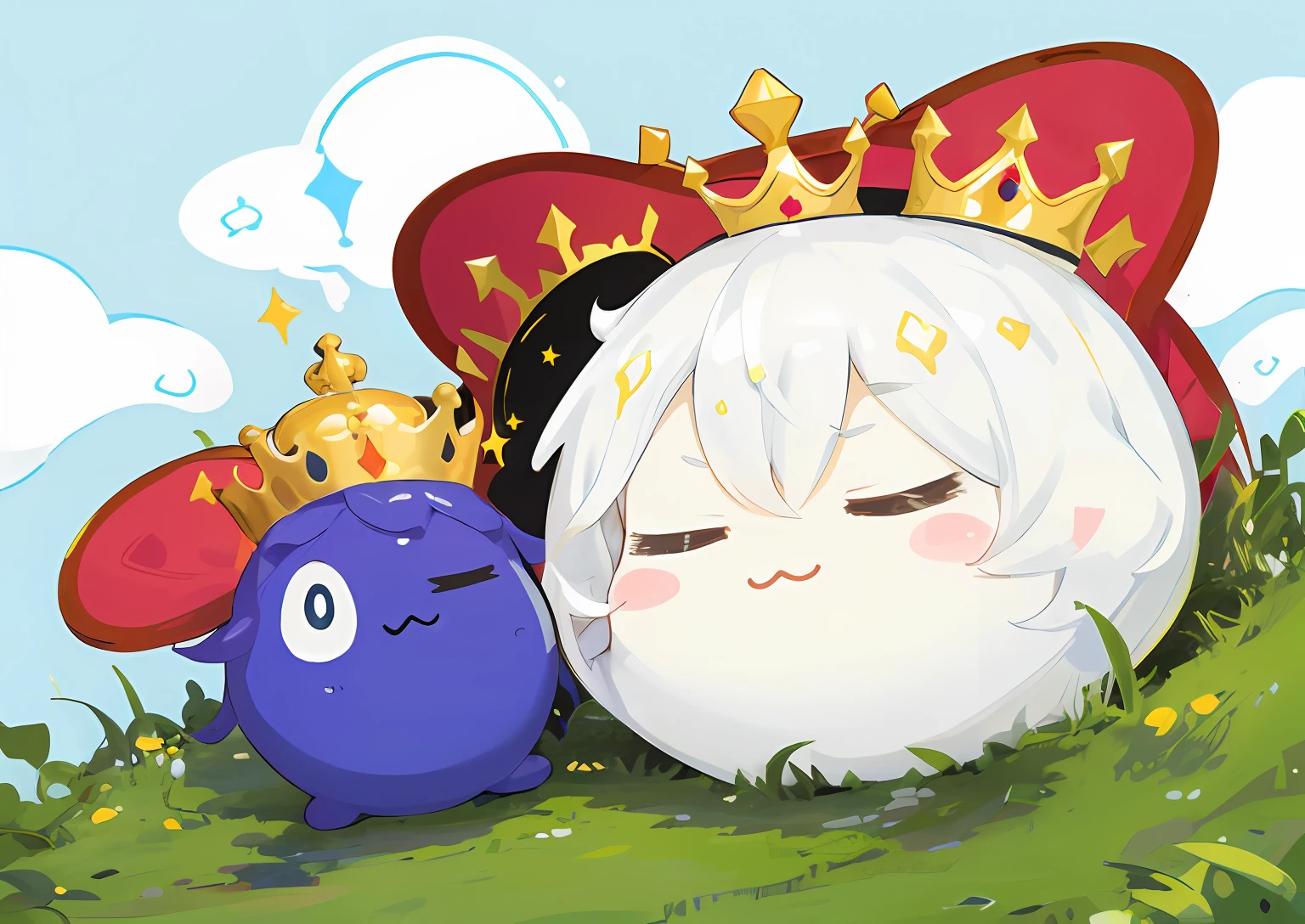 Princess egg cartoon with crown and slime, High-quality fanart, sleeping princess!!!!, queen and ruler of the universe, inspired by Kanbun Master, drawn in microsoft paint, nixeu and sakimichan, danbooru and artstation, maplestory mouse, cute artwork, scandy and arender, like a crown