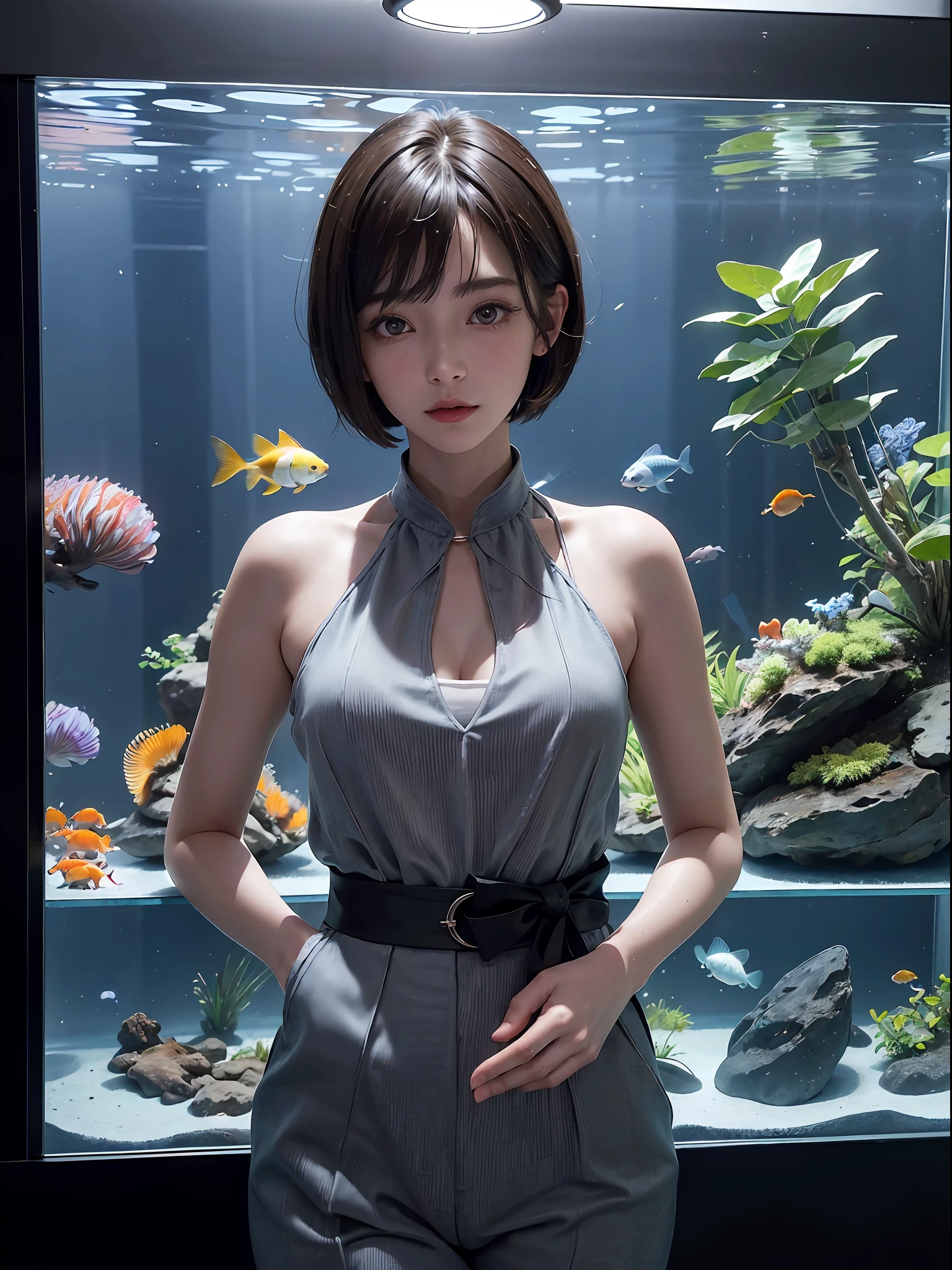 (((a 20 yo woman)))、((aquariums))、masterpiece, 1 beautiful girls, (((very_Short_hair))), Eye details, Swollen eyes, Top image quality, 超A high resolution, (Realistis: 1.4), OriginalPhotographs, 1girl in, Cinematographic lighting, japanes, very beautif, Beautiful skins, (A hyper-realistic), (hight resolution), (8 K), (ighly detailed), (The best illustrations), (beautifully detailed eyes), (ultra-detailliert), A detailed face, look at a camera, Facing straight ahead, Neat Clothing, shorth hair、A dark-haired、46-point diagonal bangs、((aquariums))、Lots of fish、tropical fish、jellyfish