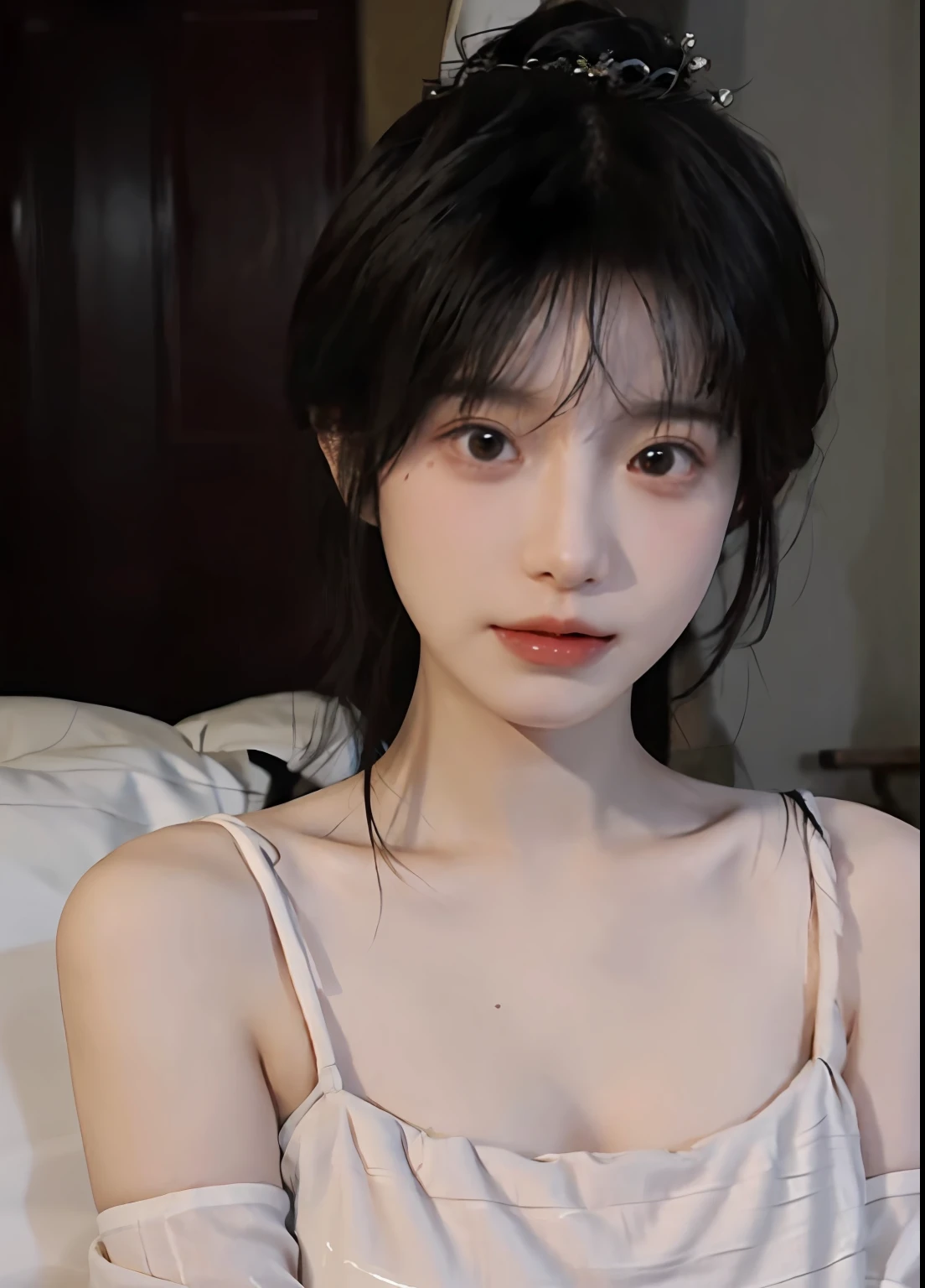 best qualtiy, 超高分辨率, (realisticlying:1.4), one-girl, A pair of clear and moving peach blossom eyes,Royal Sister,Long fluffy black hair(full bodyesbian:1.2)a sense of atmosphere,a beauty girl, (Huge room:1.4), looking at viewert, closeup cleavage ,