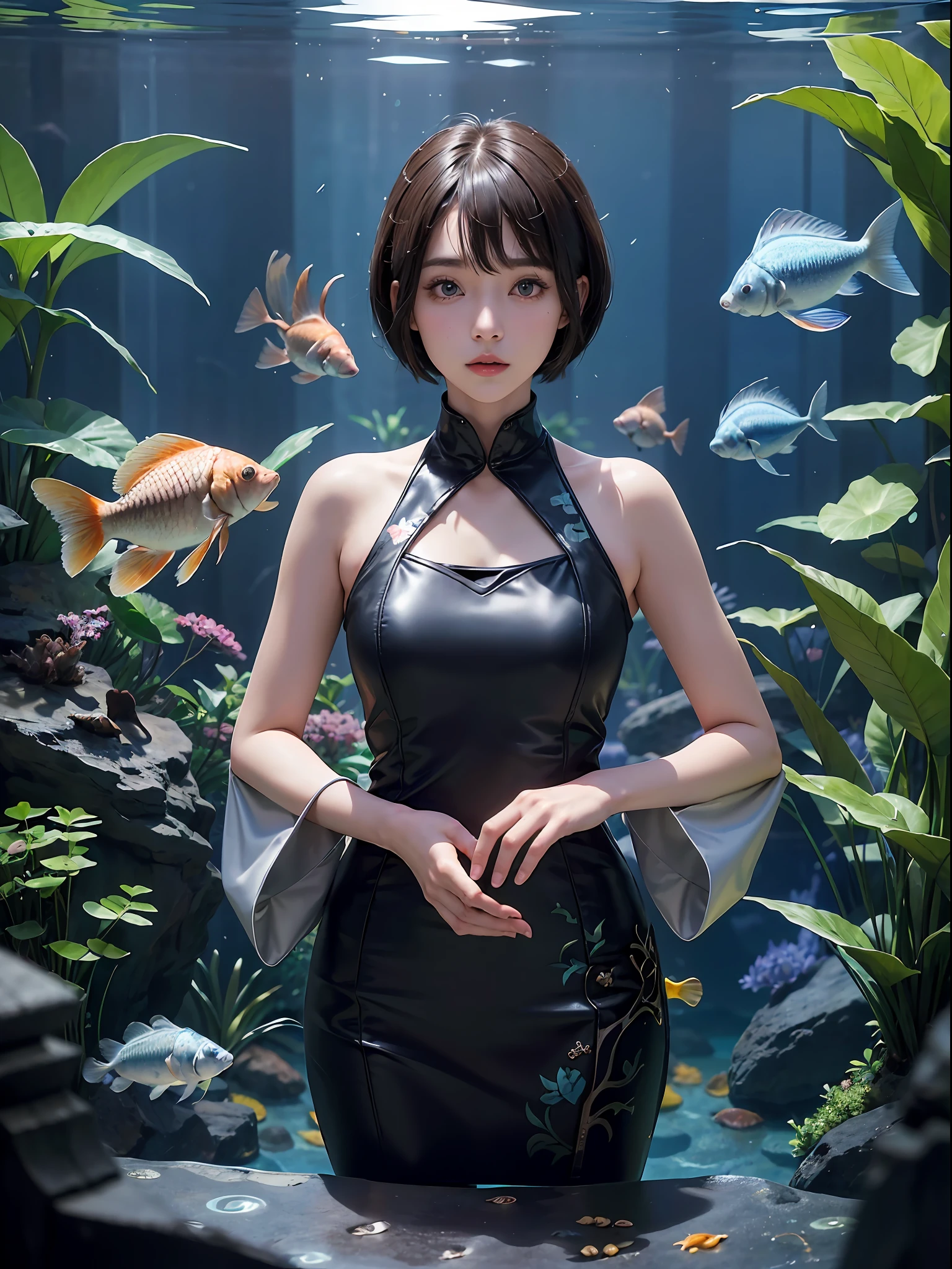 (((a 20 yo woman)))、((aquariums))、​masterpiece, 1 beautiful girls, (((very_Short_hair))), Eye details, Swollen eyes, Top image quality, 超A high resolution, (Realistis: 1.4), OriginalPhotographs, 1girl in, Cinematographic lighting, japanes, very beautif, Beautiful skins, (A hyper-realistic), (hight resolution), (8 K), (ighly detailed), (The best illustrations), (beautifully detailed eyes), (ultra-detailliert), A detailed face, look at a camera, Facing straight ahead, Neat Clothing, shorth hair、A dark-haired、46-point diagonal bangs、((aquariums))、Lots of fish、tropical fish、jellyfish