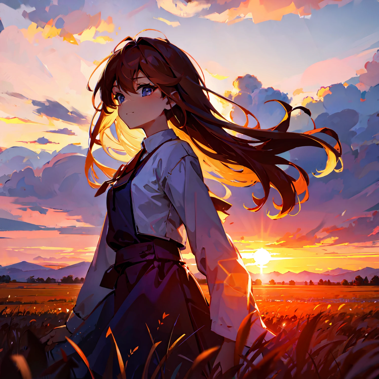girl standing in field, closeup, portrait, clouds, sunrise